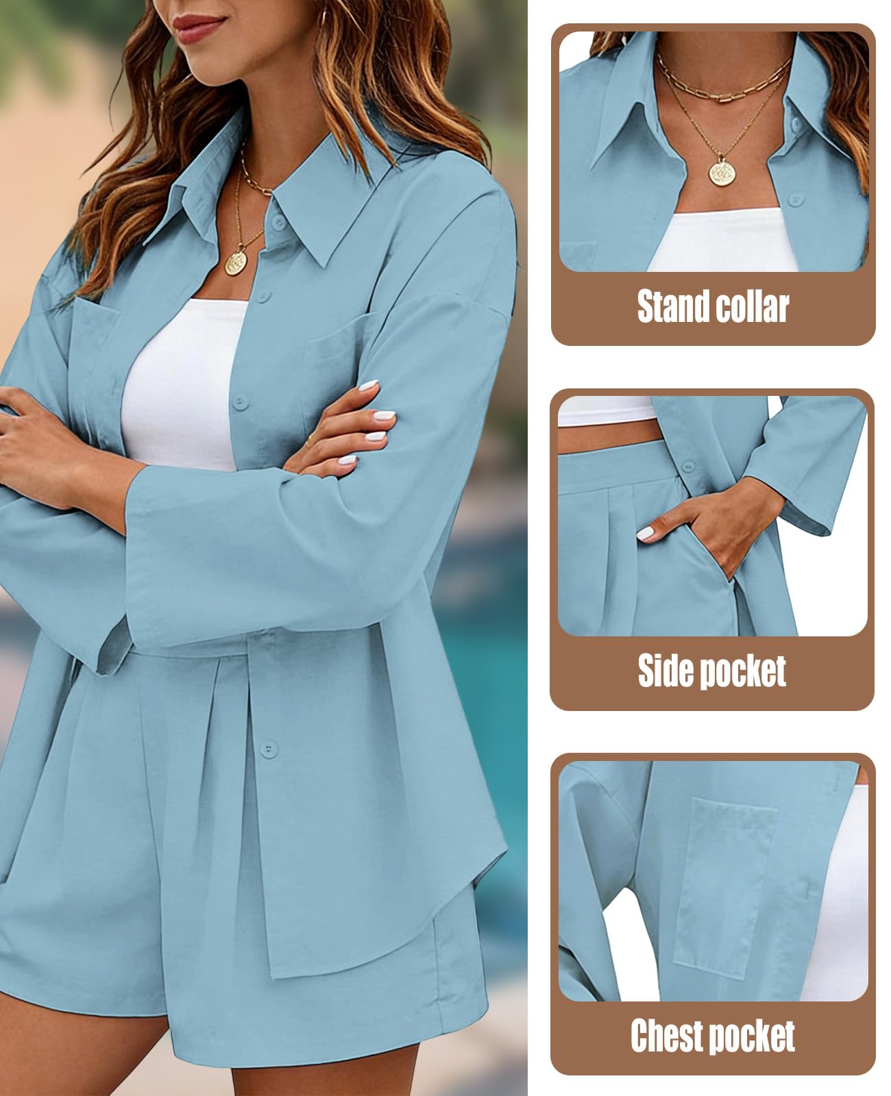 Rayson Completo Donna Casual 2 Pezzi Estivo Camicia a Maniche Corte con Bottoni e Pantaloncini Tuna Donna Abbigliamento Elegante Da Spiaggia Lavoro Vacanza