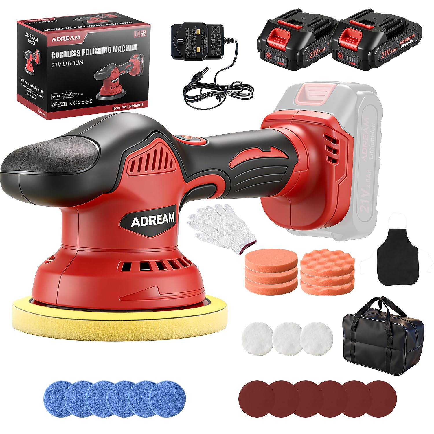Pulidora inalámbrica para automóvil, pulidora de coche de 6 pulgadas con 2 baterías de litio de 21 V y 2000 mAh, 6 amortiguadores de velocidad variable con 24 accesorios para detalles/pulido/encerado