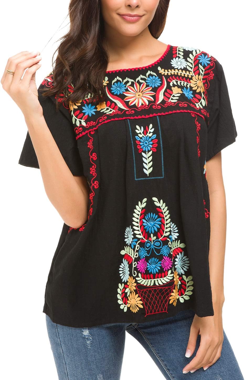 YZXDORWJ Women's Embroidered Mexican Peasant Blouse Mexico Summer Shirt Short Sleeve