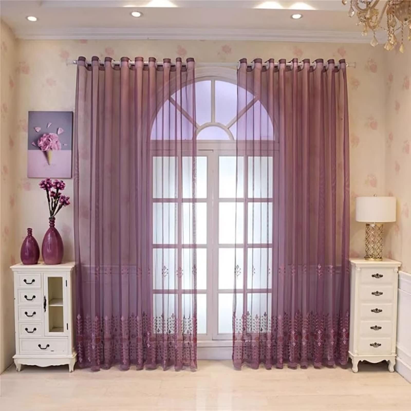 Rideau voilage violet brodé d'arbres à œillets 250x270cm pour salon