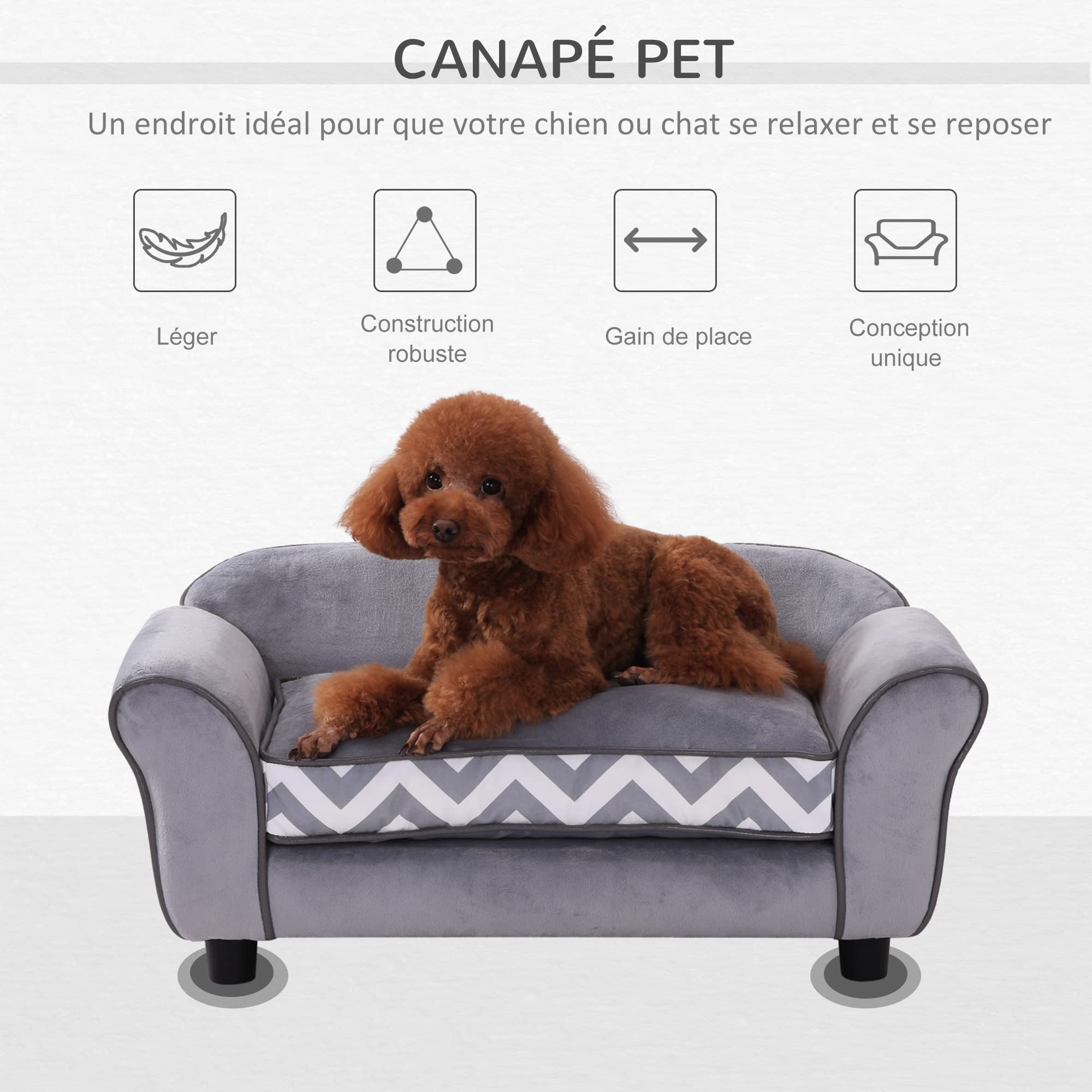 PawHut Canapé Chien Chat sur Pied Style Graphique Contemporain Coussin Amovible Lavable Grand Confort 74L x 41l x 33H cm Gris Blanc
