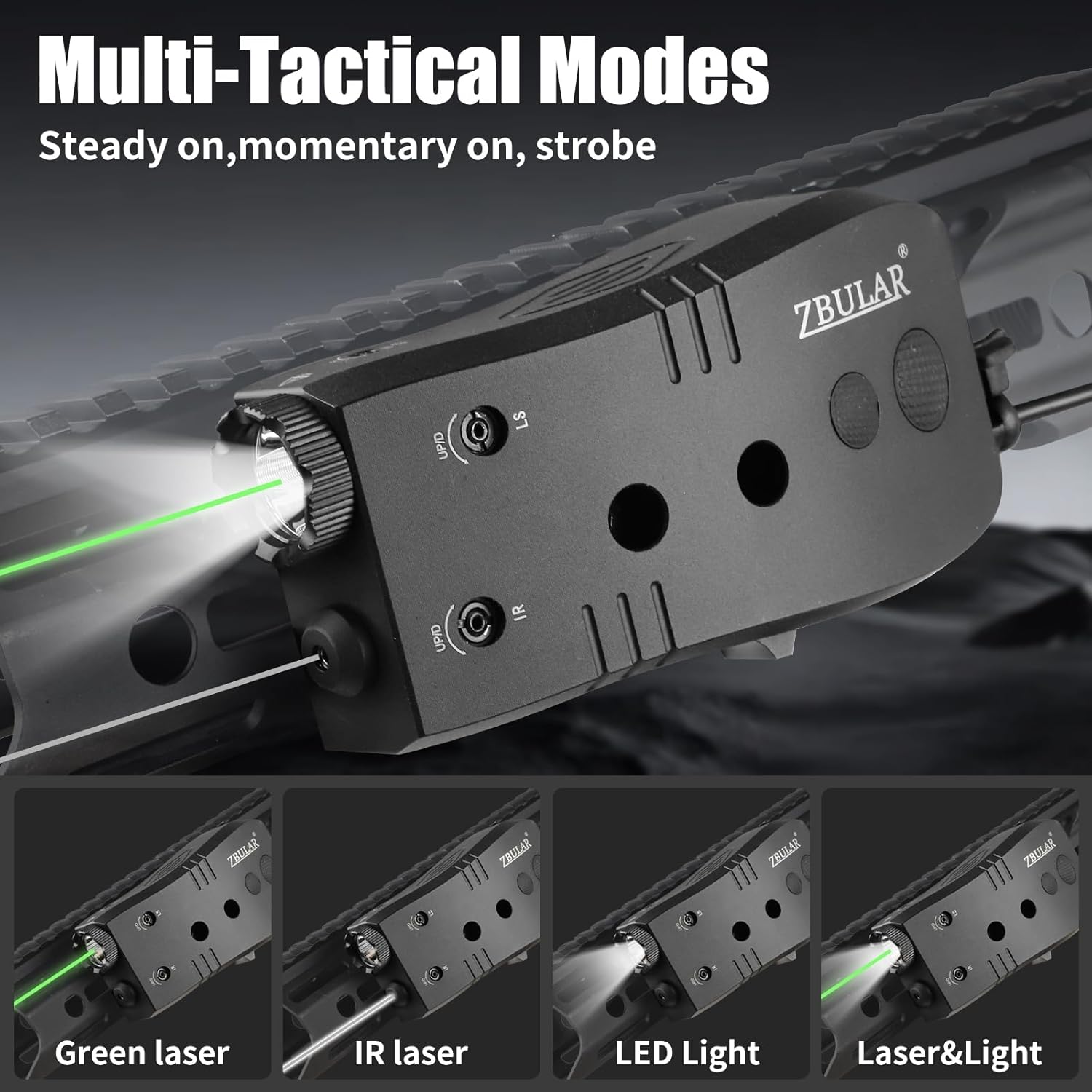 ZBULAR 2000 Lumen Mlok and Picatinny Mounted Tactical Flashlight Green Laser Infrared(IR) Laser 3 in 1 Combo, with Remote Pressure Switch for Rifle