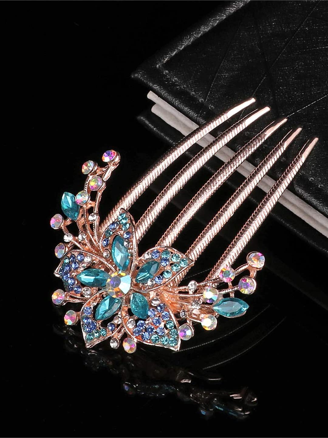 Yellow Floral Comb Clips - Blue Crystal Hair Pin - Women's Bridal Accessories for Wedding 1