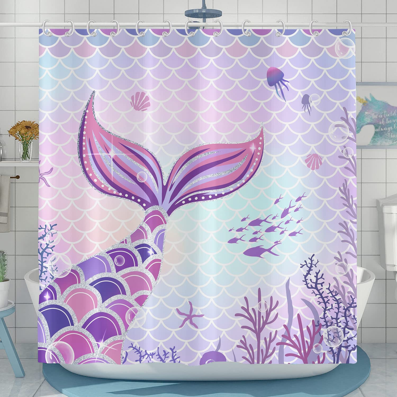Rideau de douche sirène en tissu polyester étanche et anti-moisissure