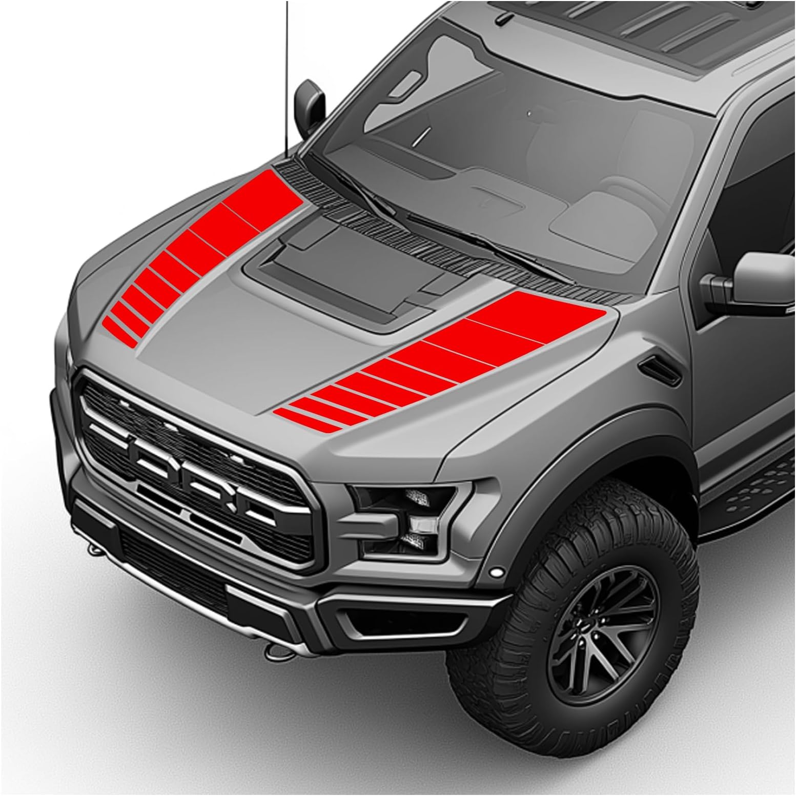 Hood Blackout Racing Stripes Vinyl Decal Sticker Kit- Compatible with Ford F150 Raptor 2014-2020 (Style 3, Red)