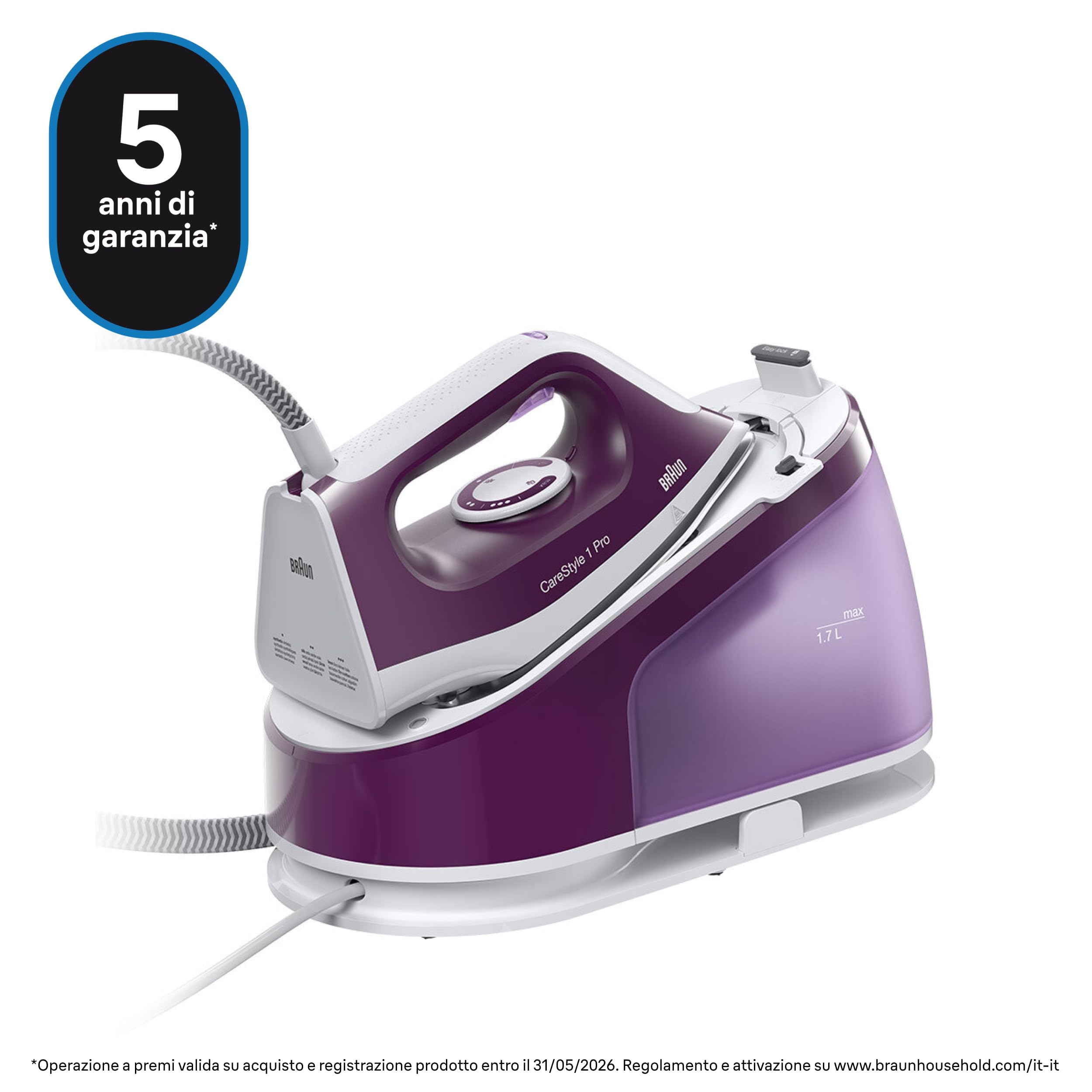 Braun CareStyle 1 Pro – Sistema Stirante a Vapore con Caldaia, Ferro da Stiro con Potente Getto Vapore, Piastra FreeGlide 3D, Serbatoio 1,7 L, Stiratura Veloce ed Efficiente, Viola (IS1514VI)