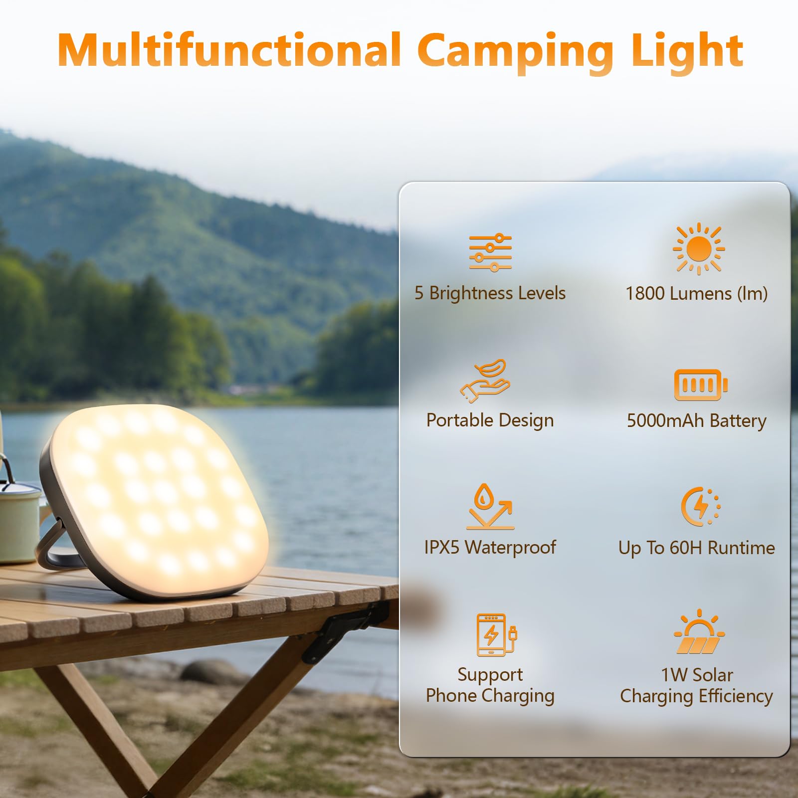 Lanterna solare da campeggio ricaricabile 5000 mAh LED 5 modalità di illuminazione IP65 impermeabile con ricarica USB - Lanterne per interruzioni di corrente uragano, escursionismo, pesce, emergenza e