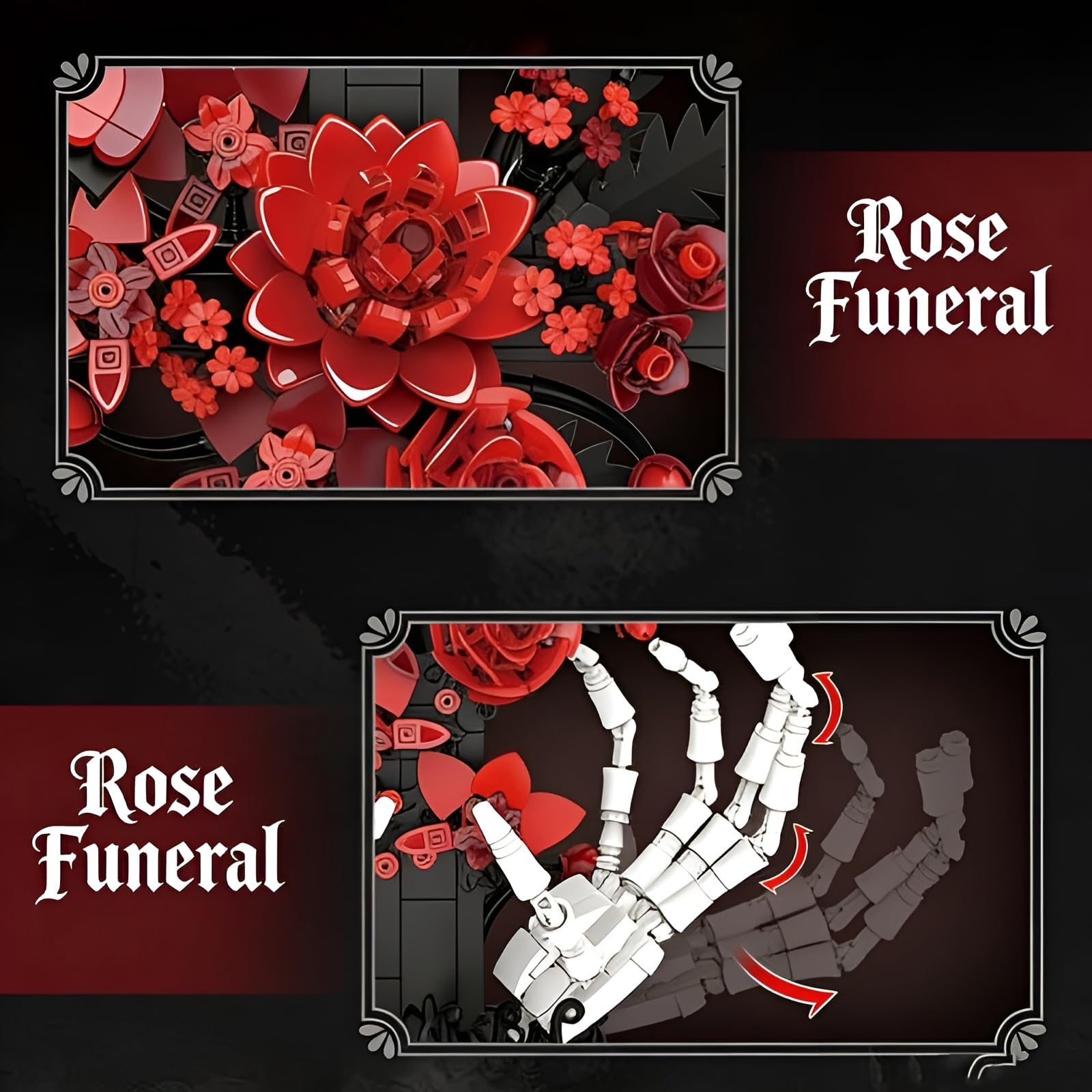 Cráneo de cruz gótica manos con rosas bloques de construcción, 901 piezas Cruz flor kit de construcción para adultos, colección botánica modelo de juguete, regalos únicos estilo romántico oscuro