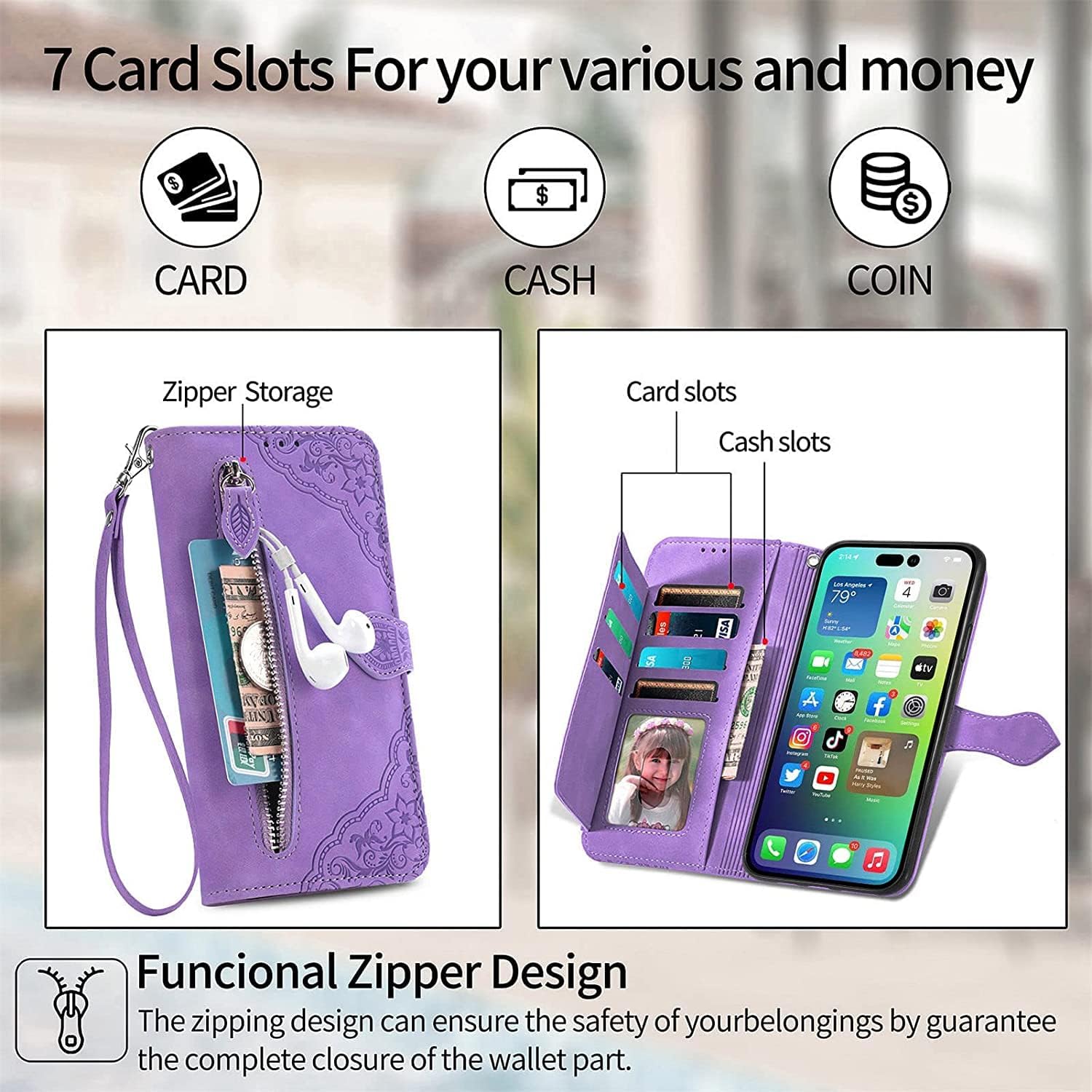 Wallet Case for iPhone 14/14 Plus/14 Pro/14 Pro Max, Leather Shockproof Phone Case, Resistant Drop Phone Case with Card Holder Wrist Strap (Color : Purple, Size : 14 Pro 6.1'')