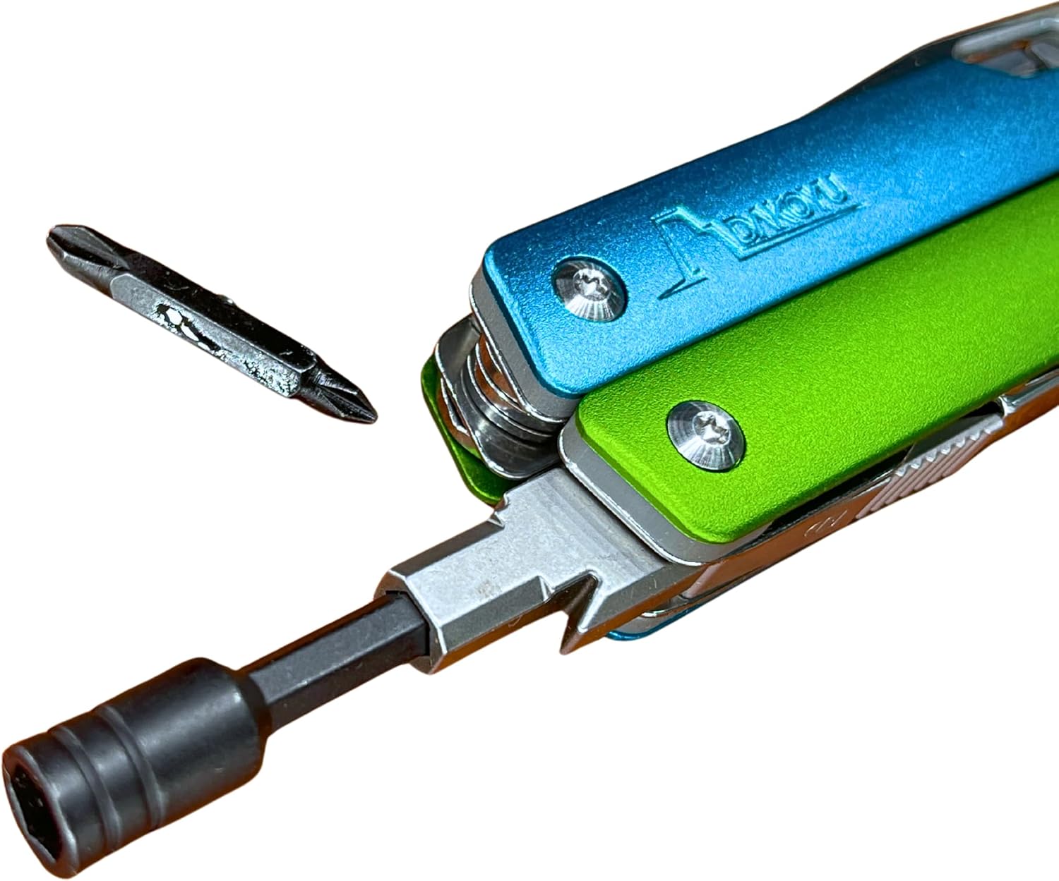 DKYoung™ Multi-Tool, Aluminum Handles with Polished Stainless Steel Tools, Blue/Green High-Viz Colors, Pliers-Based Multitool with Carrying Sheath, ¼ in. Hex Extension, Camping, Hiking, Gift