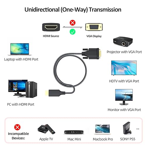 Miniatura 2 de Cable HDMI a VGA de 6 pies macho a macho, cable adaptador activo chapado en oro, convertidor de conector para conectar computadora portátil de
