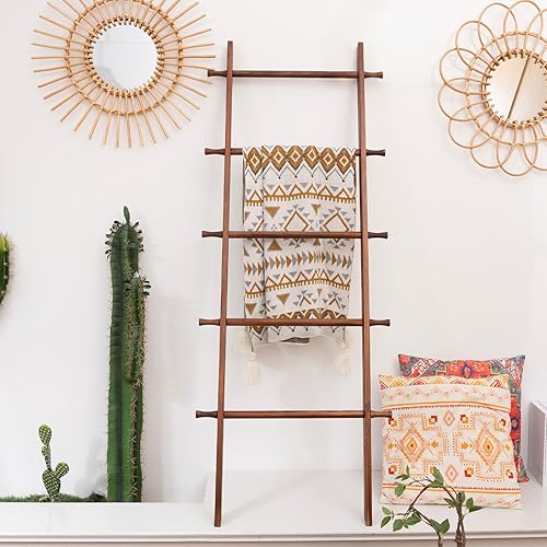 Miniatura 91 de Escalera para mantas, soporte de edredón de madera de 6 niveles, estante decorativo para escalera, estante inclinado, estante de almacenamiento
