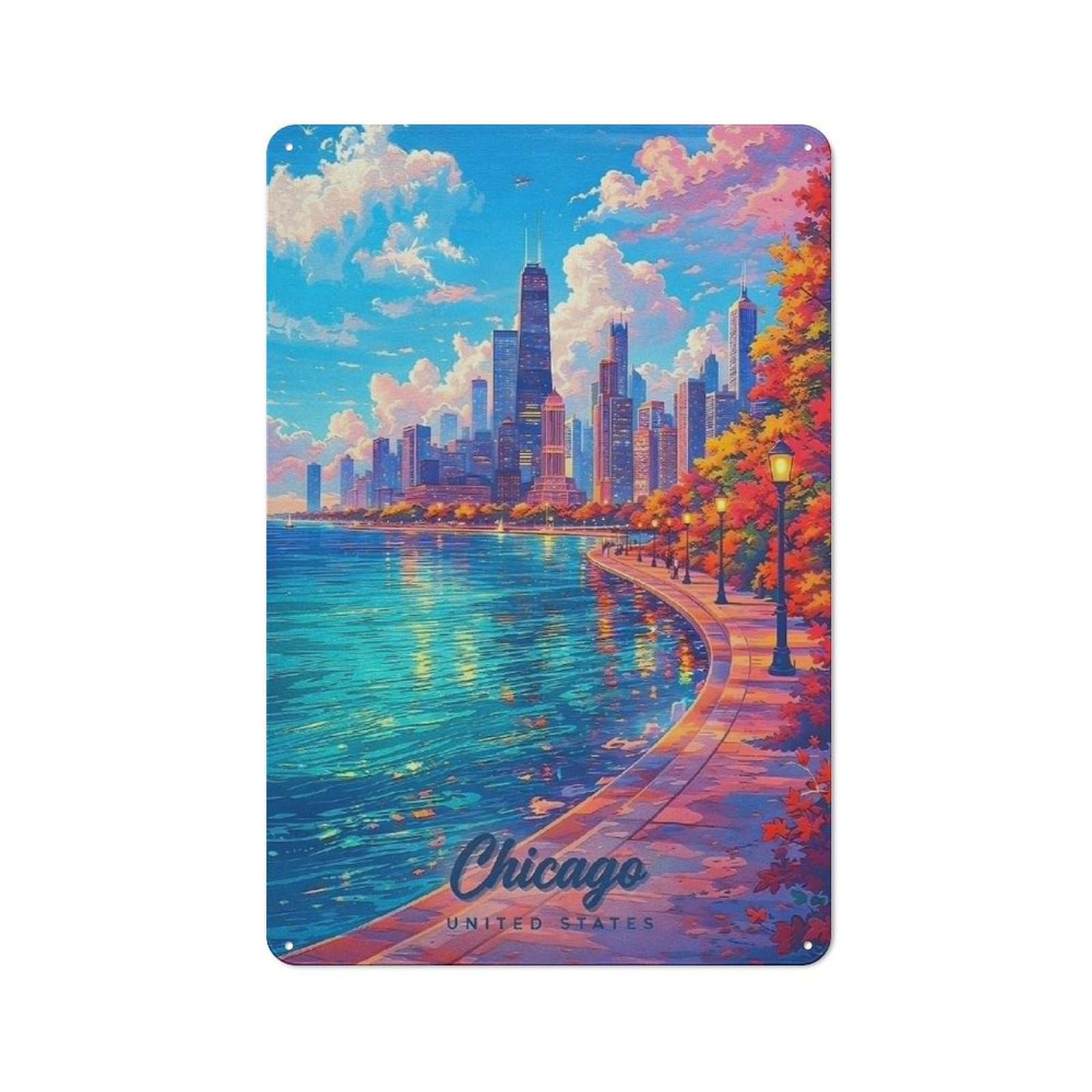 Junmoney Style-16 Tin Wall Sign With Chicago Skyline In Autumn Design 30X20cm, Cosy Cafe Wall Decor For Kitchen, Cafe, Pantry Or Dining Room