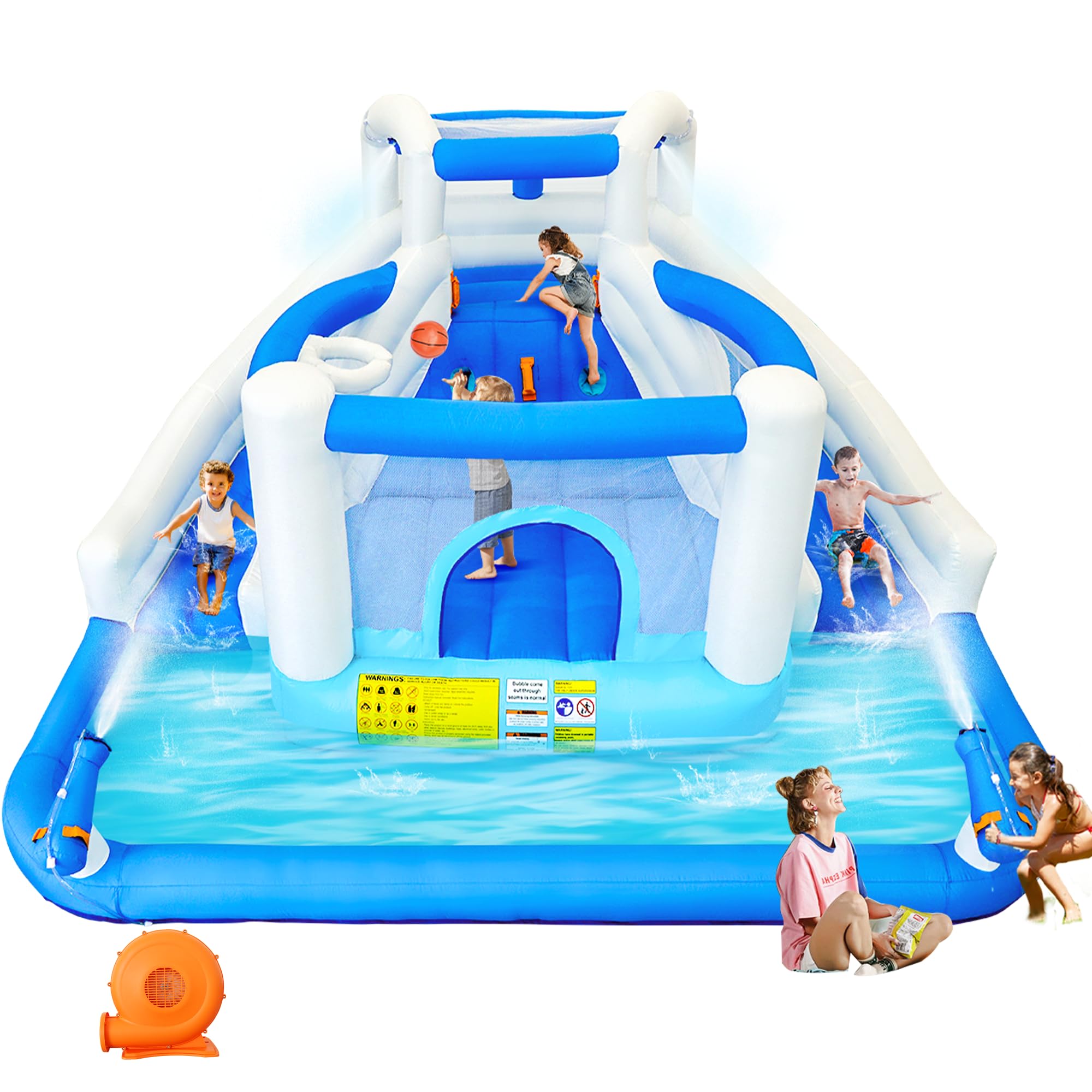 Castillo hinchable con tobogán acuático, trampolín, canasta de baloncesto y 2 pistolas de agua, castillo hinchable para niños, adecuado para jardín y fiesta