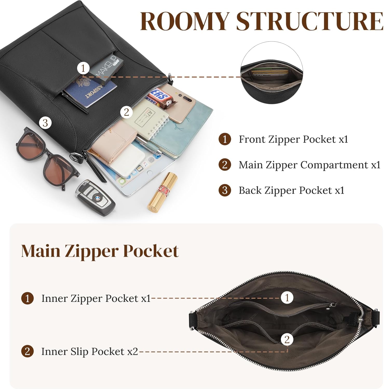 S-ZONE Leather Crossbody Bags for Women RFID Blocking Travel Purse Designer Shoulder Handbags Adjustable Strap - Image 4