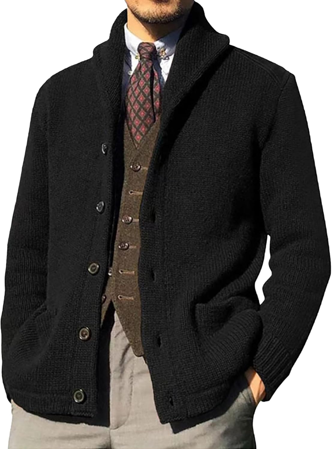 Men Button Down Casual Cardigans Shawl Collar Sweater with Pockets Shawl Collar Buttons Knit Cardigan Sweater