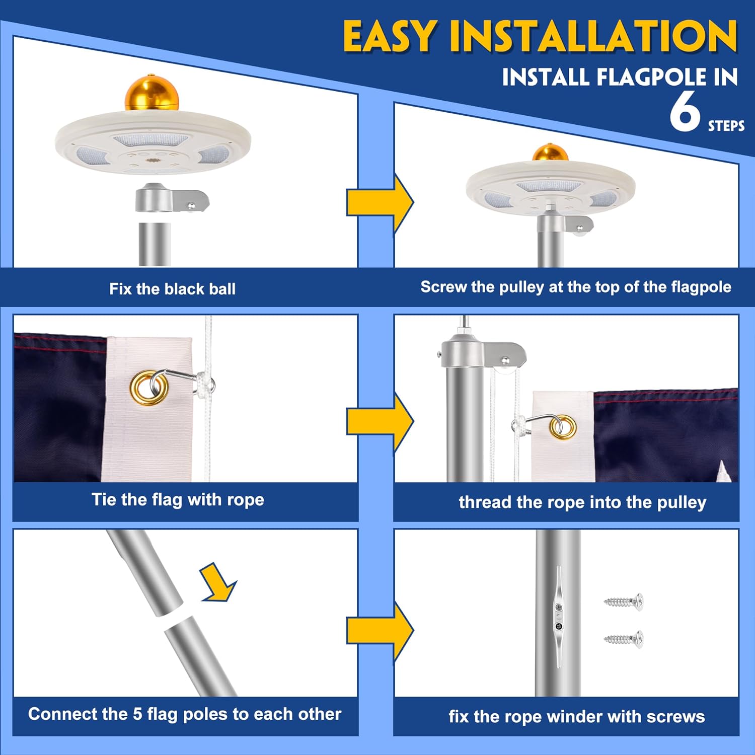 20FT Sliver Heavy Duty Flag Pole Kit with 3x5 Ft American Flag & Solar Light - 12 Gauge Aluminum Tubing, Resistance High Winds, Hardware Flagpole Set for Residential Commercial Outdoor Ready - Image 6