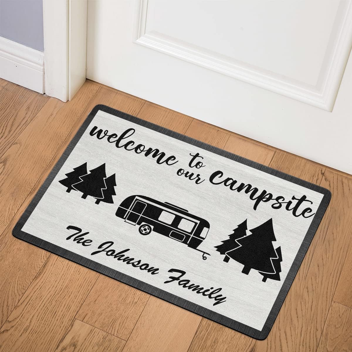 Personalized Happy Campers Doormat - Custom Family Name and Rv Camping Door Mat, Accessories for Inside Outside, Campsite Decor Travel Trailers, Decorative Gift Welcome Motorhome Rugs, 16 x 24 inches
