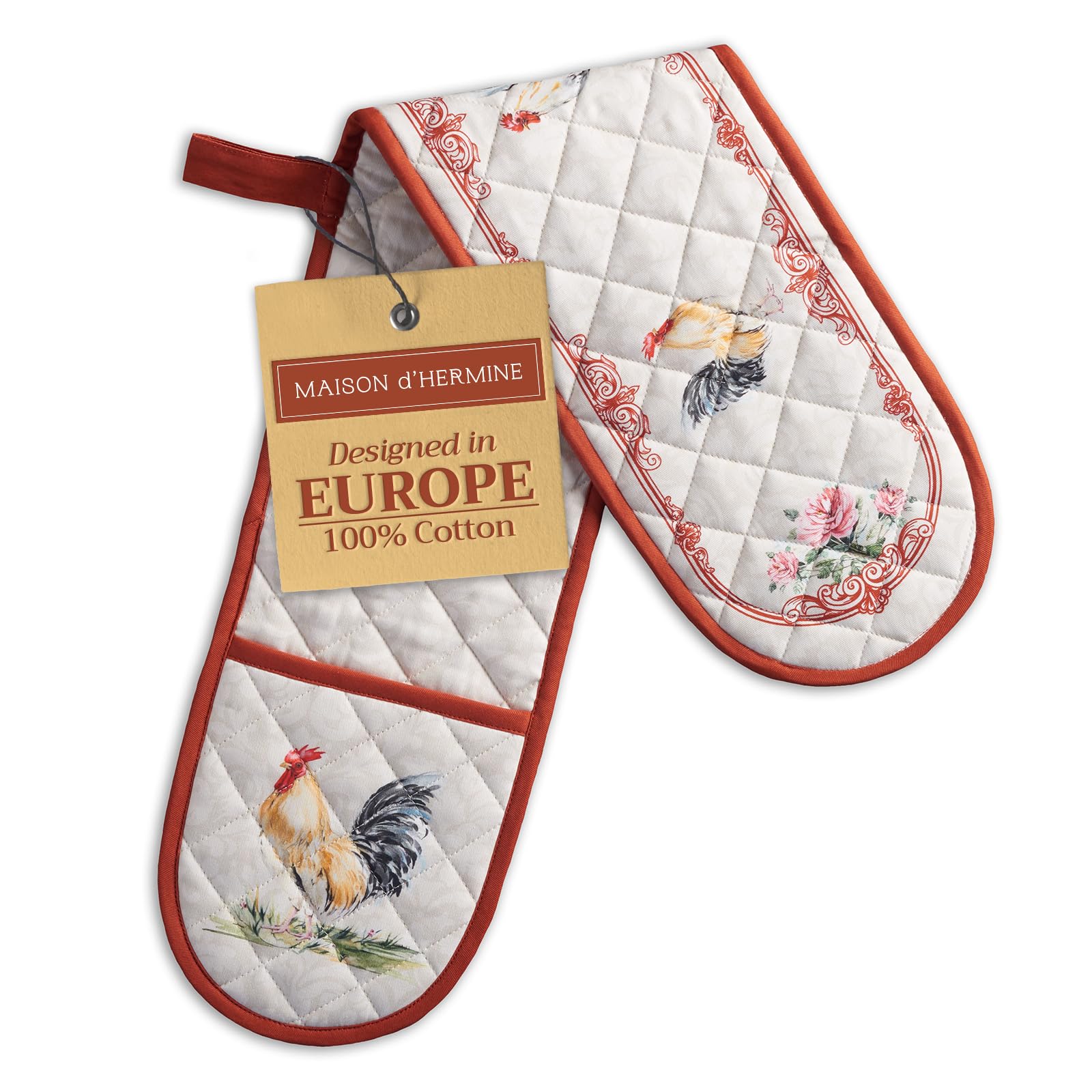 Maison d' Hermine Double Oven Mitts 100% Cotton 18 cm x 89 cm Double Oven Mitt Heat Resistant BBQ Cooking Gloves with Loop Baking Grilling Handling Hot Pans Spring Summer (Campagne)