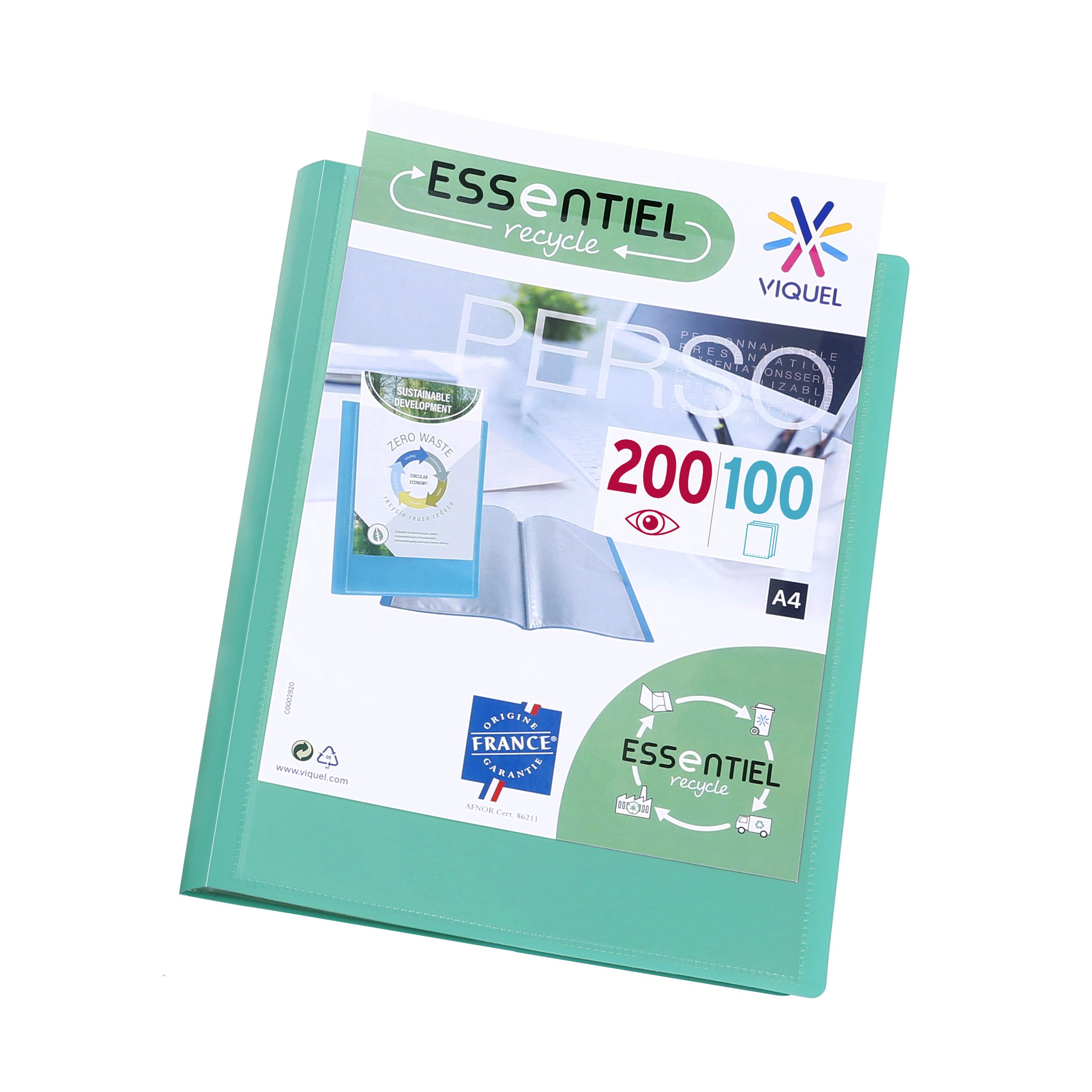 Viquel - A4 Presentation Folder 200 Views Essentiel - Customisable Document Holder - Made in France - 100 Smooth Quality Pockets - Green