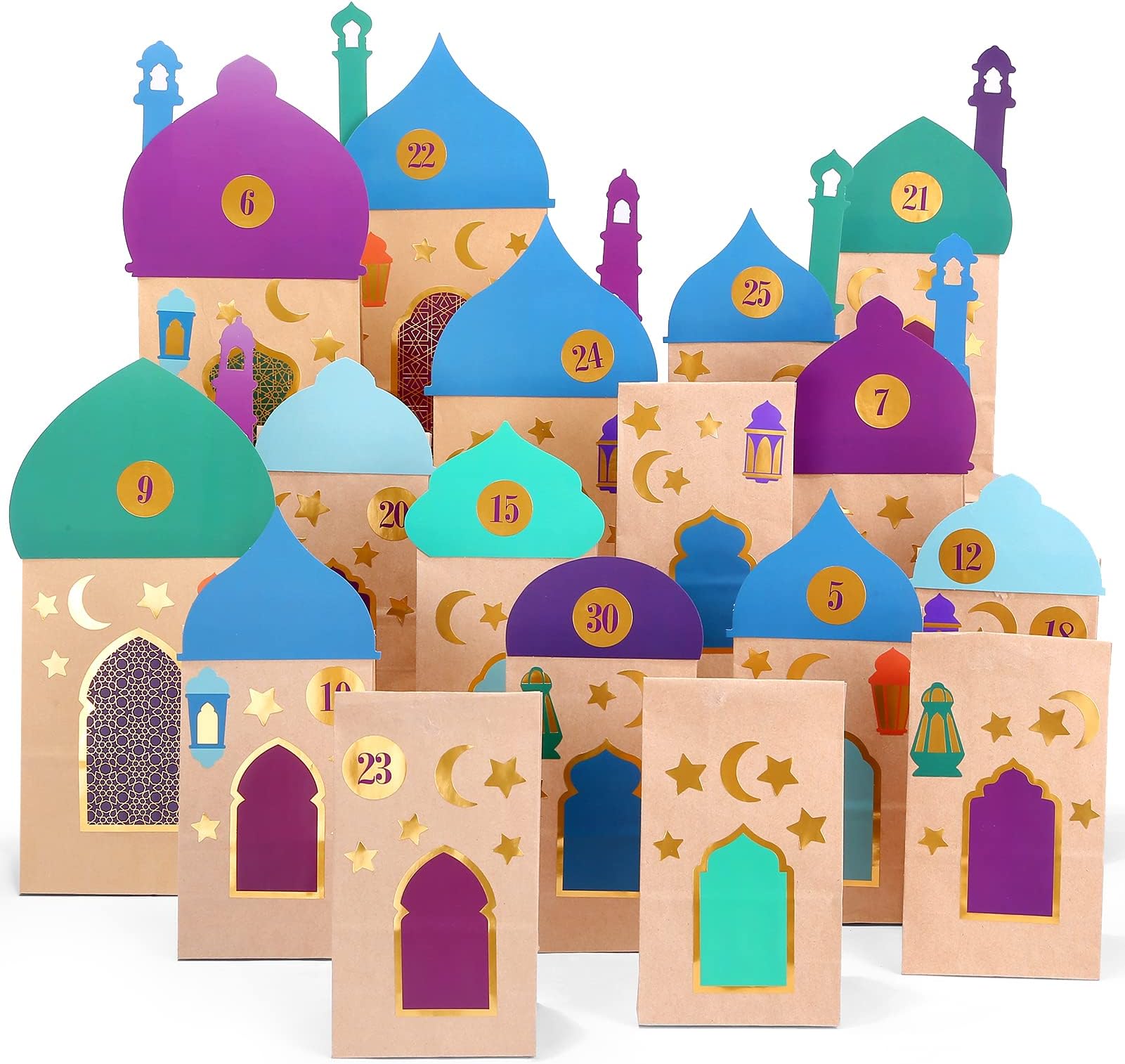 Kesote 30 Pack Ramadan Calendar Eid Mubarak Gift Bags Eid Gift Bags Mubarak Paper Bags with Eid Stickers Ramadan Themed Party Favor Bags DIY Brown Paper Bags