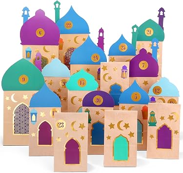 KESOTE 30CT Eid Mubarak Gift Bags Treat Bags with Moon & Star Stickers, Ramadan Countdown Advent Calendar DIY Brown Paper Bags