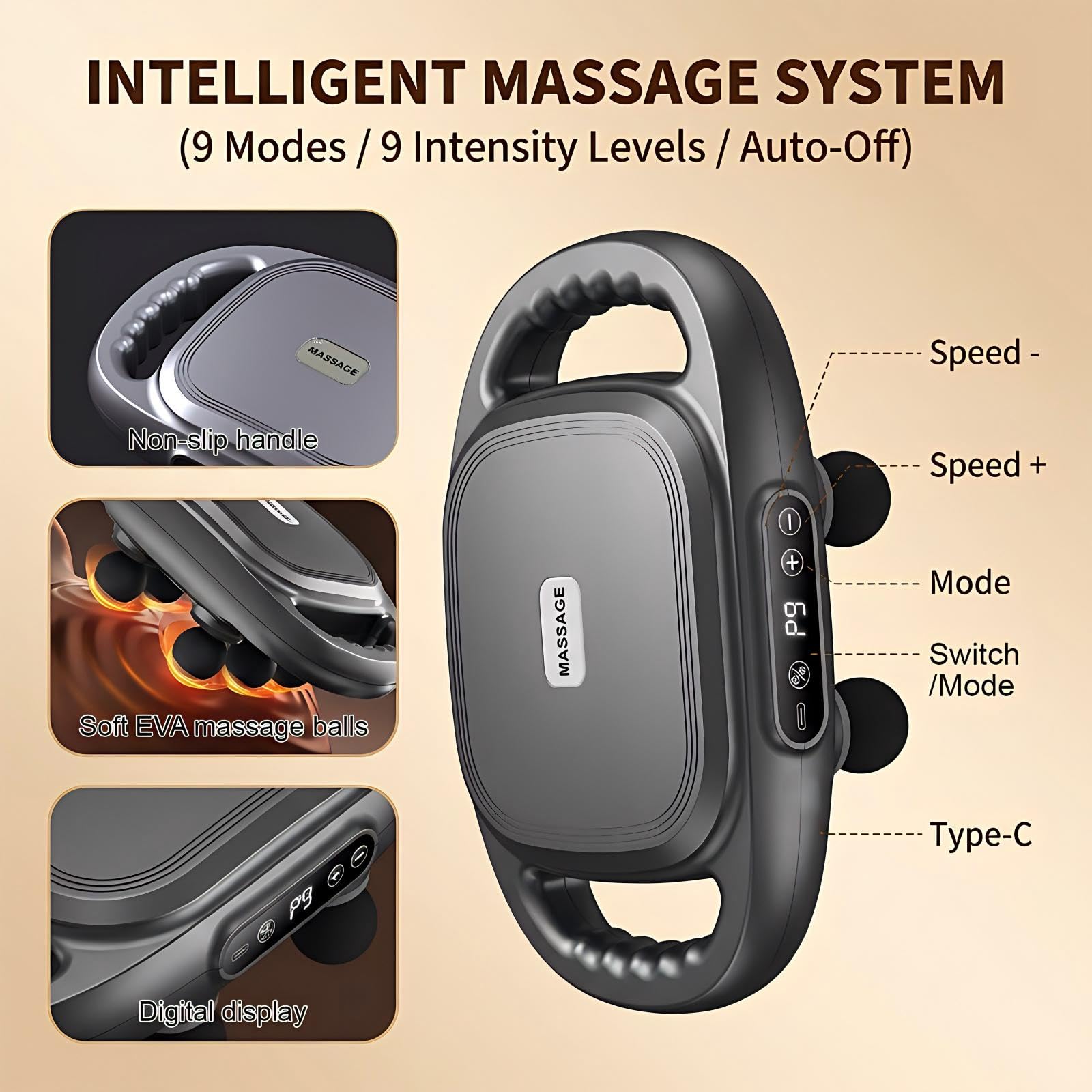 Pistolet de Massage 12 Têtes Tissu Profond pour Dos Jambes Nuque avec Chaleur 9 Modes 9 Intensités Silencieux 35dB Masseur Corporel