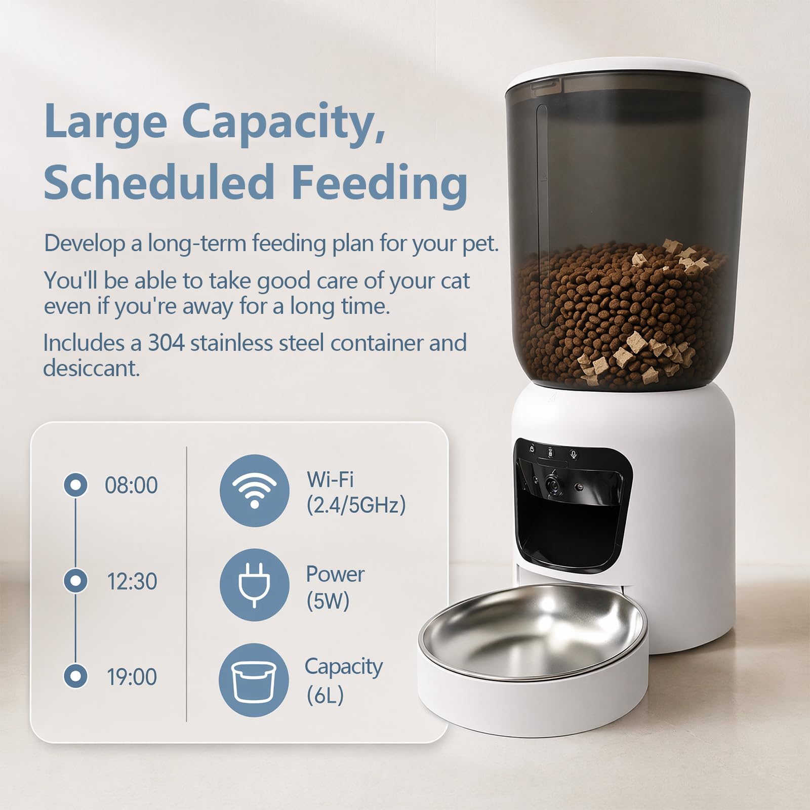 Distributore Automatico Cibo Gatti con Telecamera, 6L Crocchette Dispenser | Wifi 2K Camera con Visione Notturna a Colori, Rilevamento Movimento, App Programmabile 1 a 10 Pasti , Batteria di Riserva