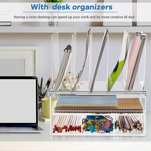 Miniatura 5 de Yeaqee Organizador de escritorio de acrílico transparente y accesorios, organizador de archivos para escritorio con cajón deslizante, bandeja doble,