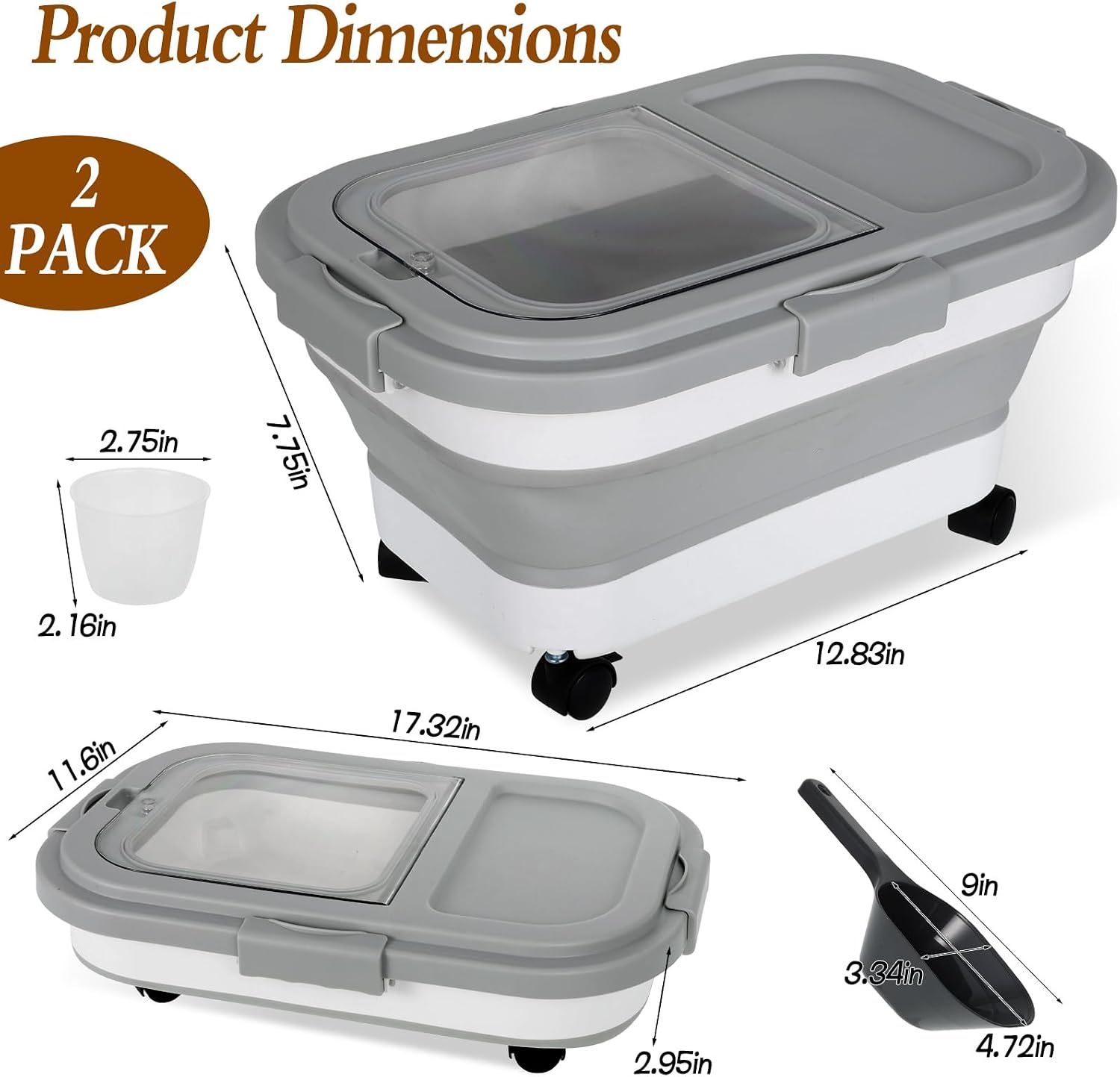 2 Pack Airtight Dog Food Storage Container, 15Lbs Collapsible Pet Dog Food Storage Bin with Scoops for Rice Grain Pet Dog Cat Bird Dog Treat Storage Food Fresh