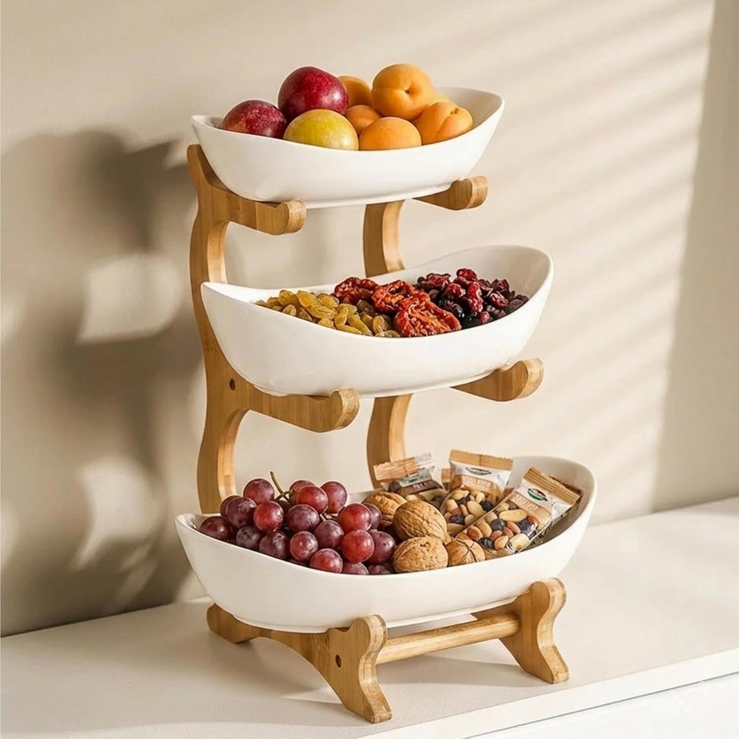 3 Tier Ceramic Fruit Bowl with Bamboo Stand – 11 Inch Stackable Kitchen Countertop Organizer for Fruit, Vegetables, Berries & Candy