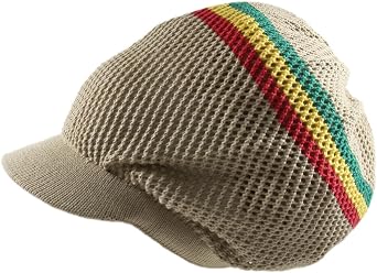 RW 100% Cotton Mesh Rasta Light Weight Slouchy Beanie Visor Khaki/Rasta
