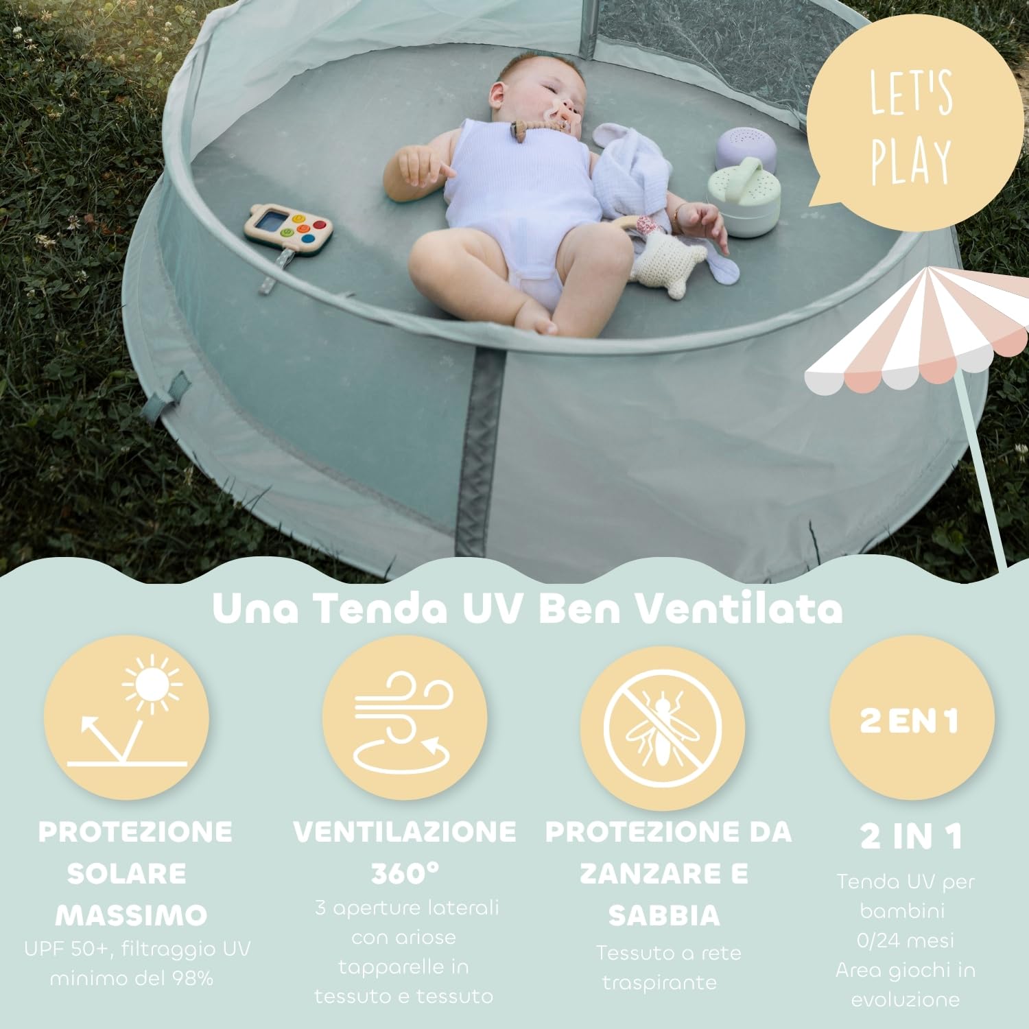 BÉABA, Tenda Da Spiaggia Per Bambini 2 In 1, Da 0 A 24 Mesi, Protezione Solare Massima UPF50+, Filtraggio UV, Ventilazione 360°, Zanzariera, Sistema Pop-Up, Borsa Da Trasporto, Breezynest, Cachi