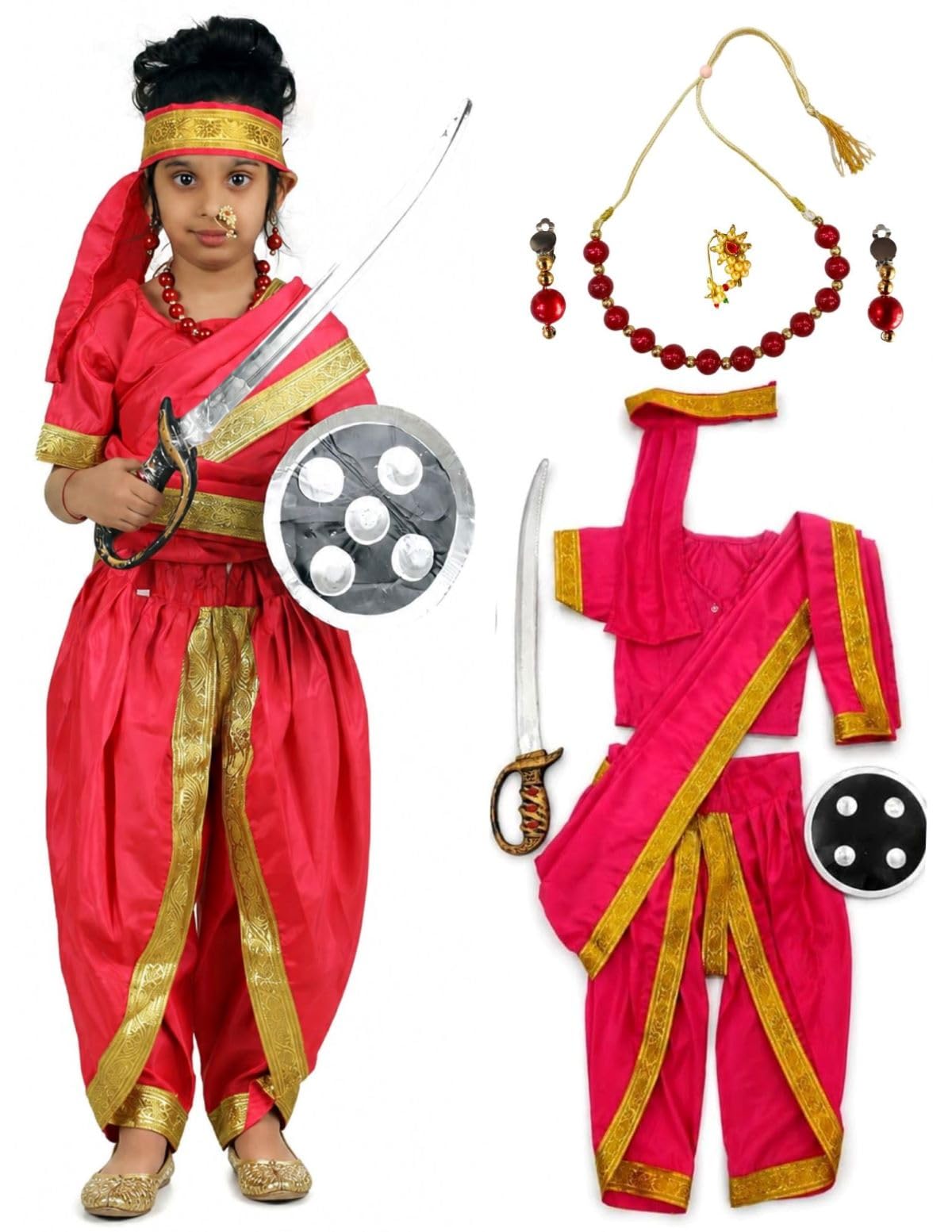 BookMyCostume Rani Laxmi Bai with Jewellery Jhansi ki Rani Freedom Fighter Manikarnika Fancy Dress Costume 4-5 years discount deal