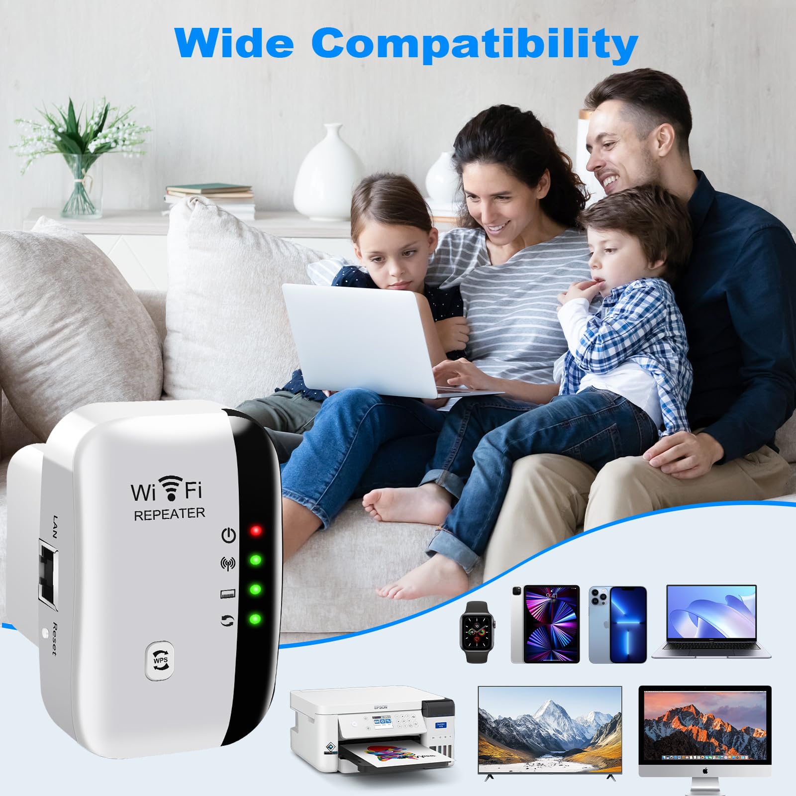 Ripetitore WiFi 2.4 GHz, Wifi Extender 300Mbp/s con 360° Copertura, Ripetitore Wi-Fi Esterno con porta Ethernet e cavo RJ-45 Compatibile con Tutti i Wi-Fi Dispositivi