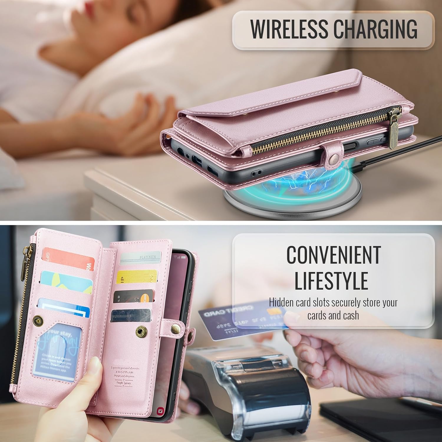 Asuwish Phone Case for Samsung Galaxy S25 FE 5G Zipper Wallet Cover with Tempered Glass Screen Protector and Leather Flip RFID Blocking Card Holder Cell S 25 EF S25FE 25S 25FE Women Girls Rose Gold