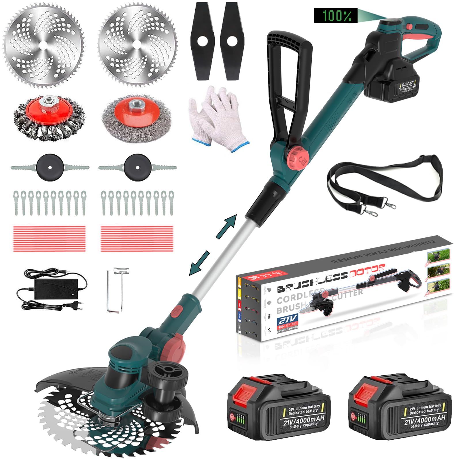 Akku Rasentrimmer mit Unkrautbürste, 21V Bürstenlose Rasentrimmer für Makita Akkus, Elektrischer Freischneider Akku, Inkl. 2X4.0Ah Akku & Ladegerät für Garden Trimmen (Blau)