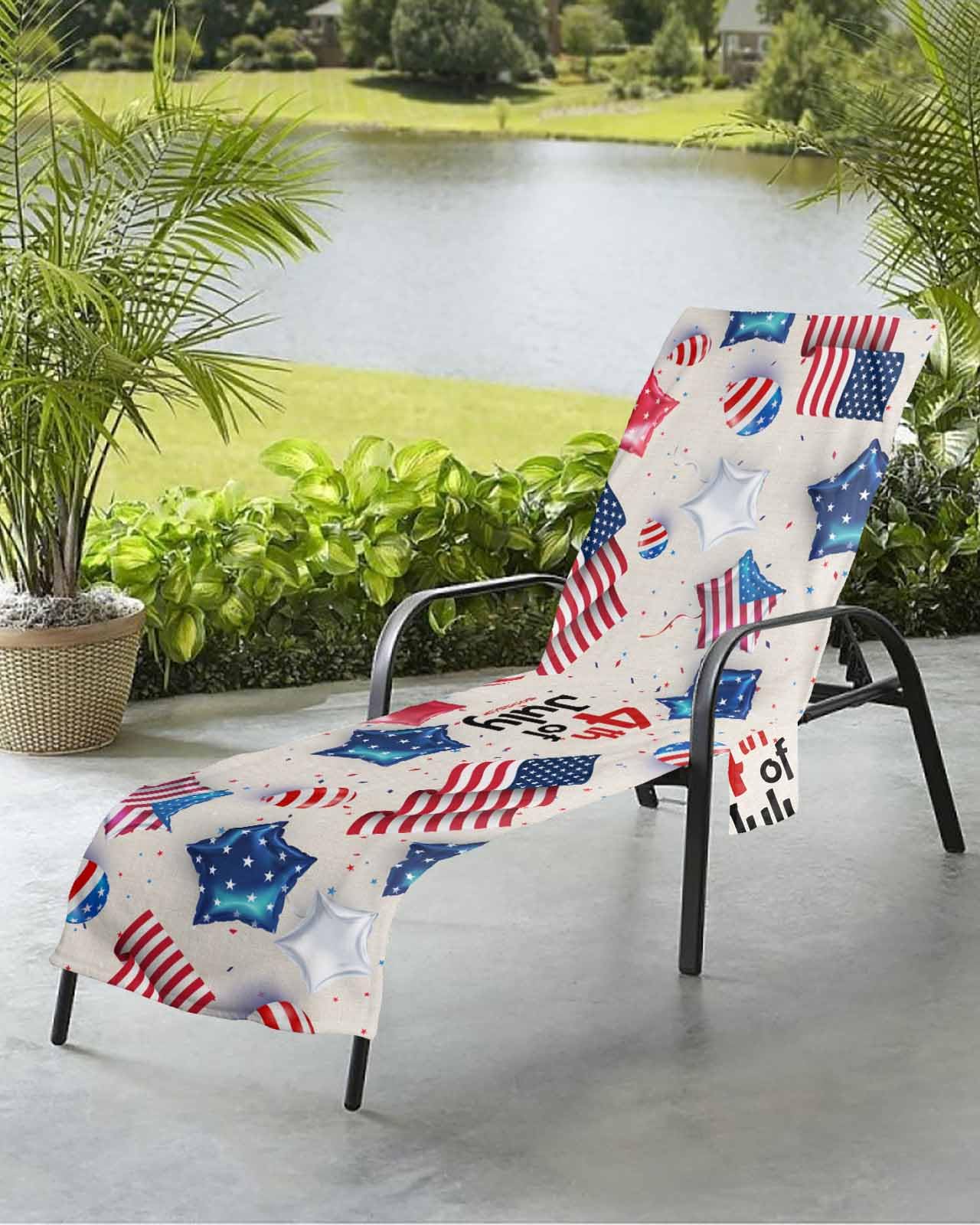 Independence Day Beach Chair Towel Covers for Chaise Lounge with Side Pocket, Soft Plush Pool Towels Cover for Patio Sunbathing Outdoor 29''x85'' Freedom Stripes Stars Vintage Flag