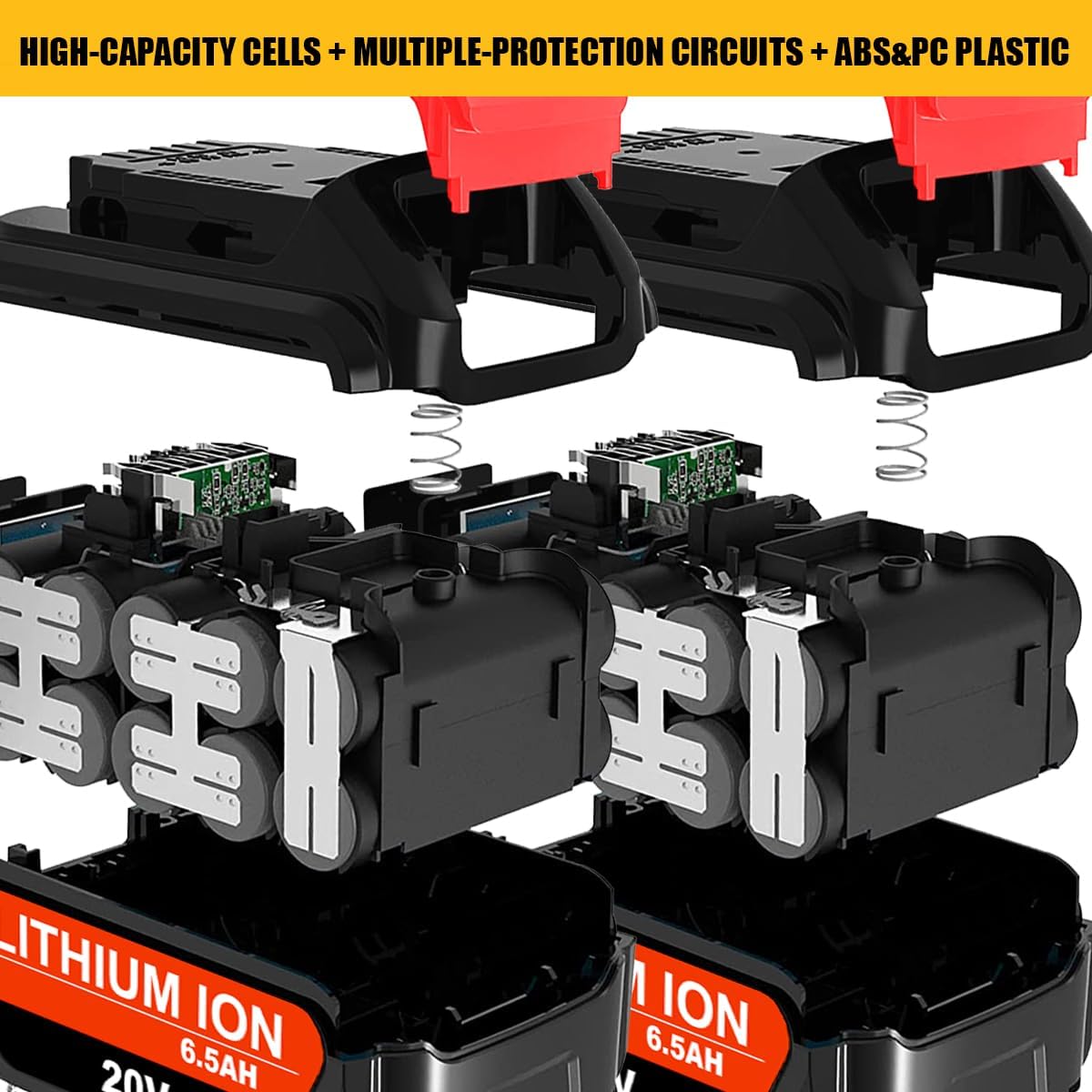 Lizone 2 Pack 20V Max 6.5Ah Extend Capacity Battery for Dewalt 20V Max XR Battery 6Ah 5Ah 4Ah Battery DCB206-2 DCB205-2 DCB204-2 DCB200-2 20 Volts Max Lithium Ion Battery