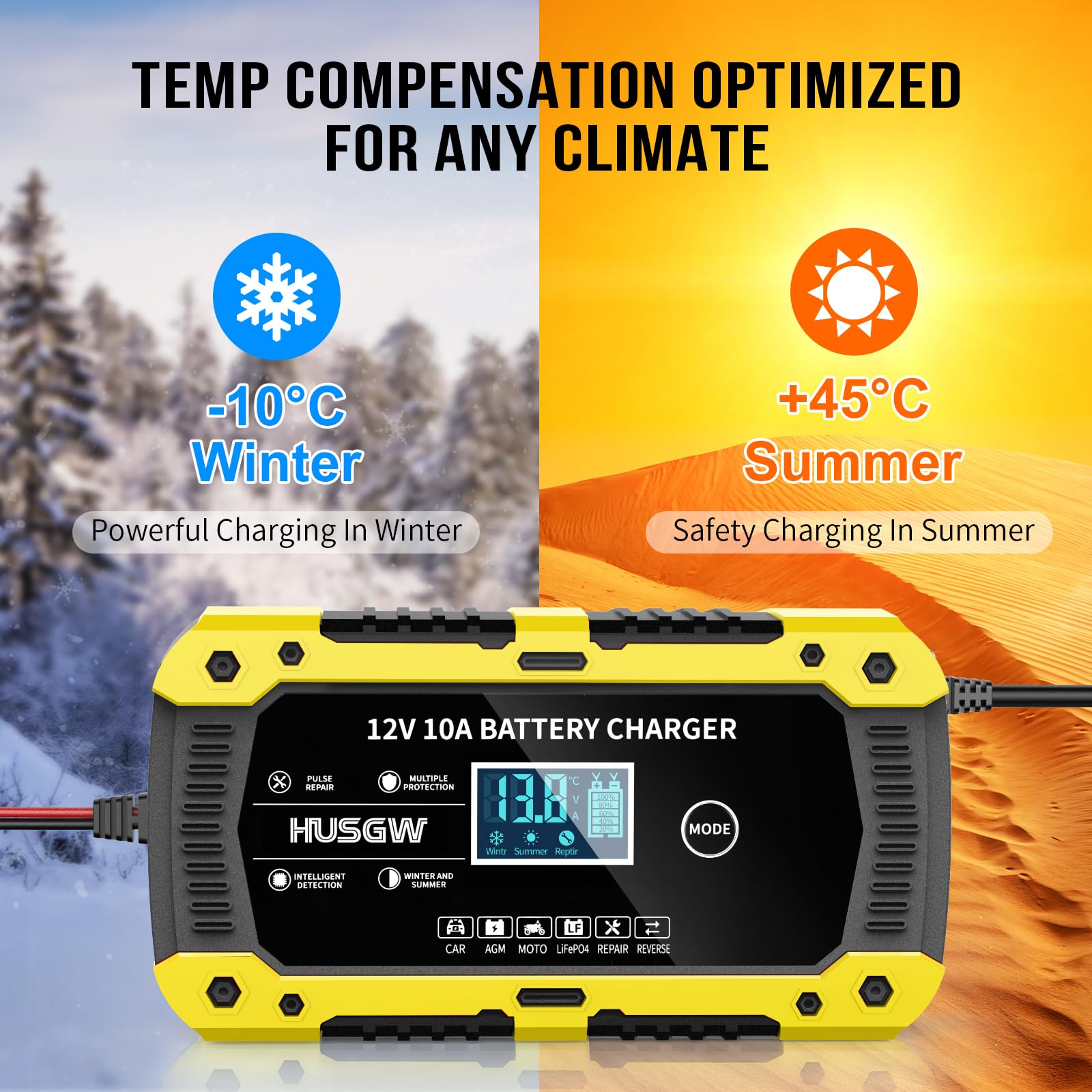 12V10A Cargador Baterias Coche, Cargador de Baterias Coche y Moto Inteligente y Funciones, Adecuado para Baterías Automotrices LiFePO4,para Coche/Moto/Clippers/AGM/Gel/Wet/SLA (10A) (10 Amarillo)