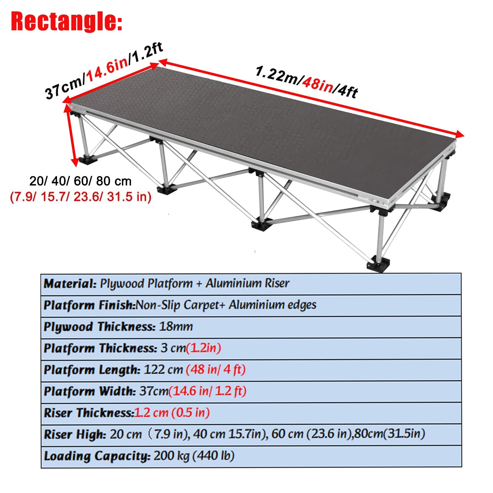 Piattaforma di palcometria portatile, pavimento di danza in alluminio pieghevole con superficie antiscivolo, riser modulari collegabili per concerti, matrimoni, eventi, facile installazione dell'uso e