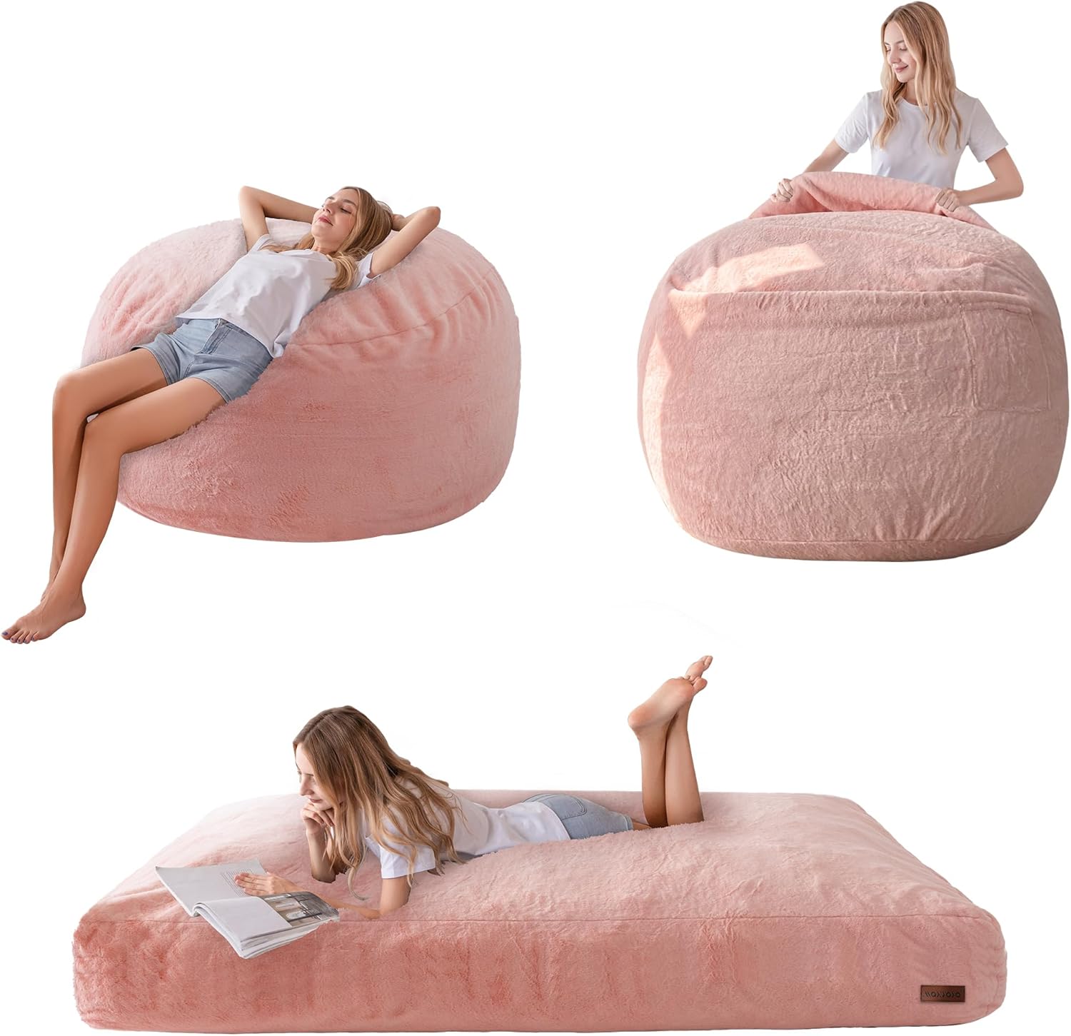 MAXYOYO Giant Bean Bag Chair Bed for Adults, Convertible Beanbag Folds from Lazy Chair to Floor Mattress Bed, Large Floor Sofa Couch, Big Sofa Bed, High-Density Foam Filling, Machine Washable Twin Pink