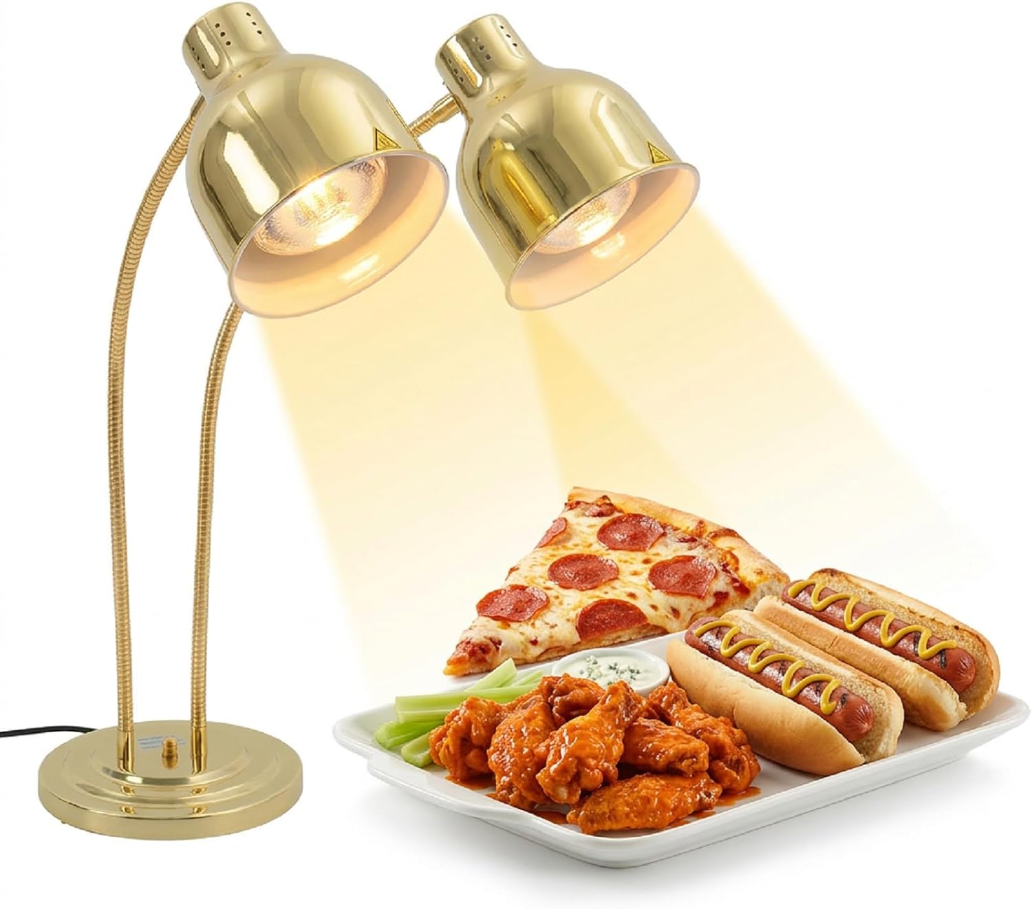 Food Heat Lamp, 500W Rapid-Heating Bulbs Included, Commercial Food Warmer Lamp, Dual-Head Adjustable Steady Heating Lamp for Food Catering Food Warming Lamp for Buffet Parties (Gold)
