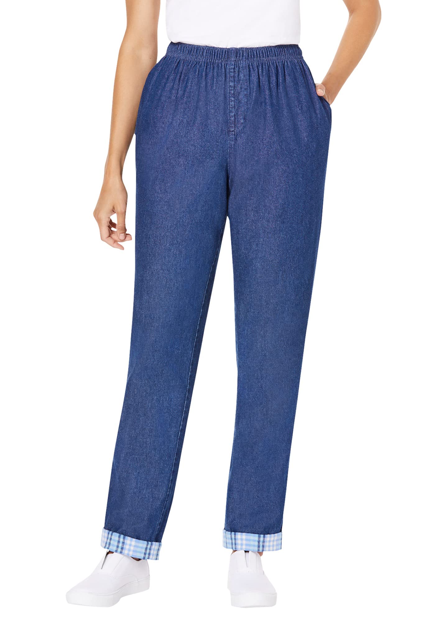 Woman Within Plus Size Elastic-Waist Cotton Straight Leg Denim Pant with Flannel Lining