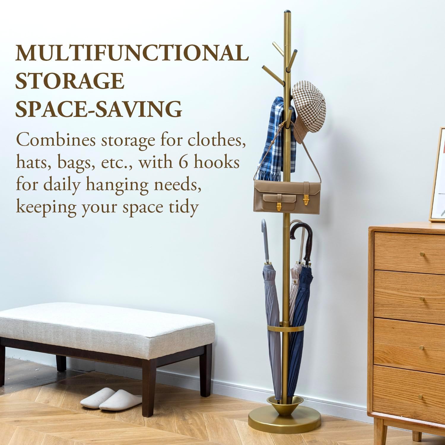 MyGift Freestanding Coat Rack, Modern Brass Tone Metal Hat Organizer Tree and Umbrella Holder Stand with 6 Hanger Hooks for Hanging Clothes Purse Bag Jacket