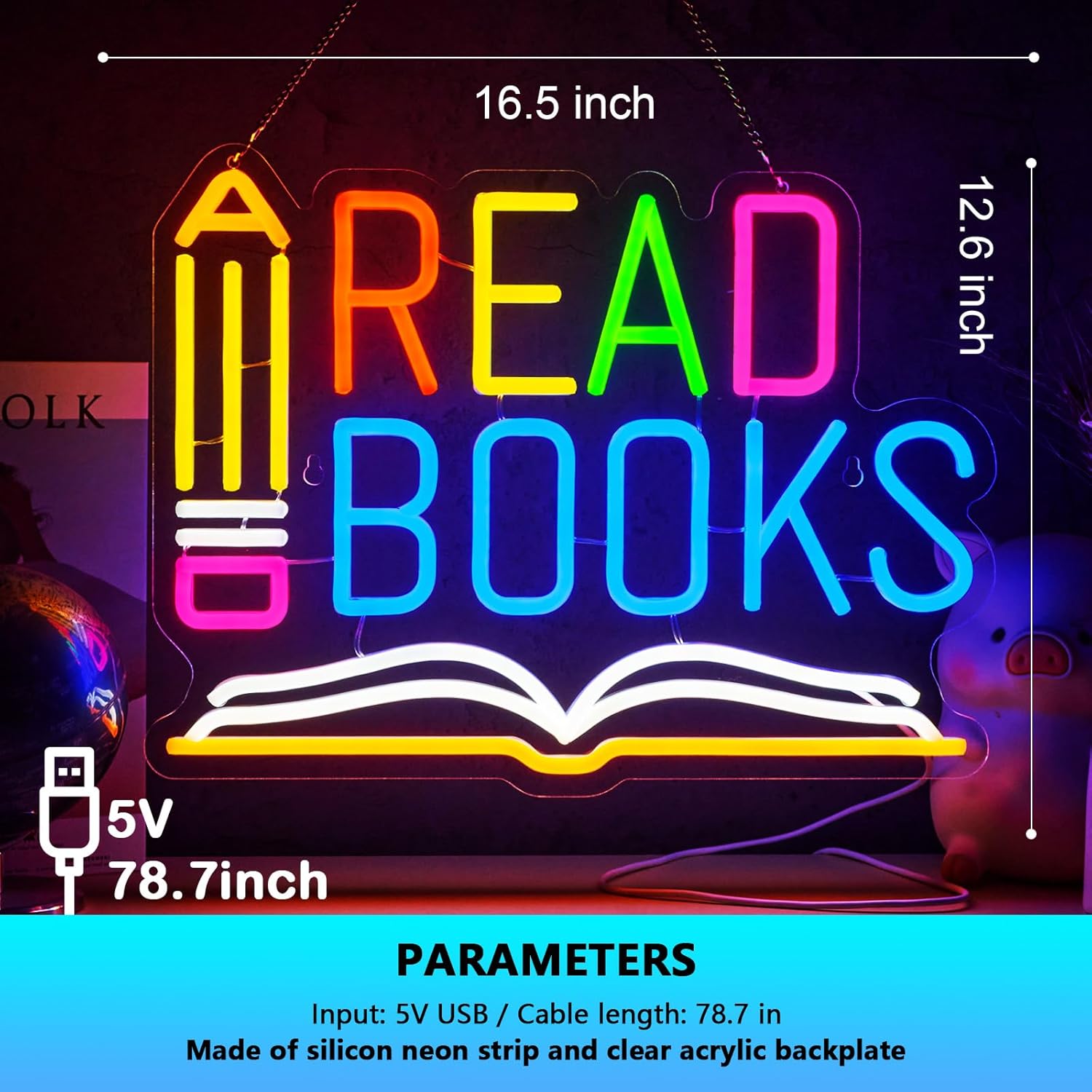Read Books Neon Sign Read More Books Neon Signs for Wall Decor Pencil and Book USB Dimmable LED Lights for Student Suitable for Classroom Bookstore Library Museum Study Room Gift for Teen Boys Girls Christmas - Image 5