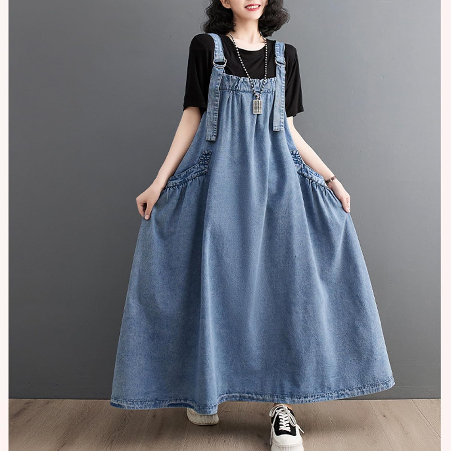 Denim Jumper Dress for Women Maxi Loose Adjustable Straps Long Jean Dresses Plus Size Overall Dress with Pockets - Image 3