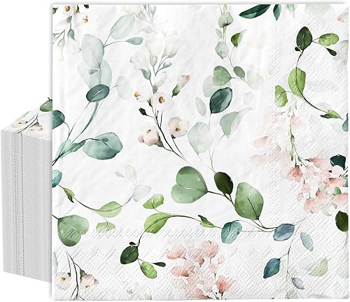 Whaline 80Pcs Eucalyptus Floral Paper Napkins Watercolor Greenery Leaves Flower Disposable Napkin Spring Sage Green Pink Luncheon Dinner Napkin for Wedding Birthday Baby Shower Bridal Party Supplies