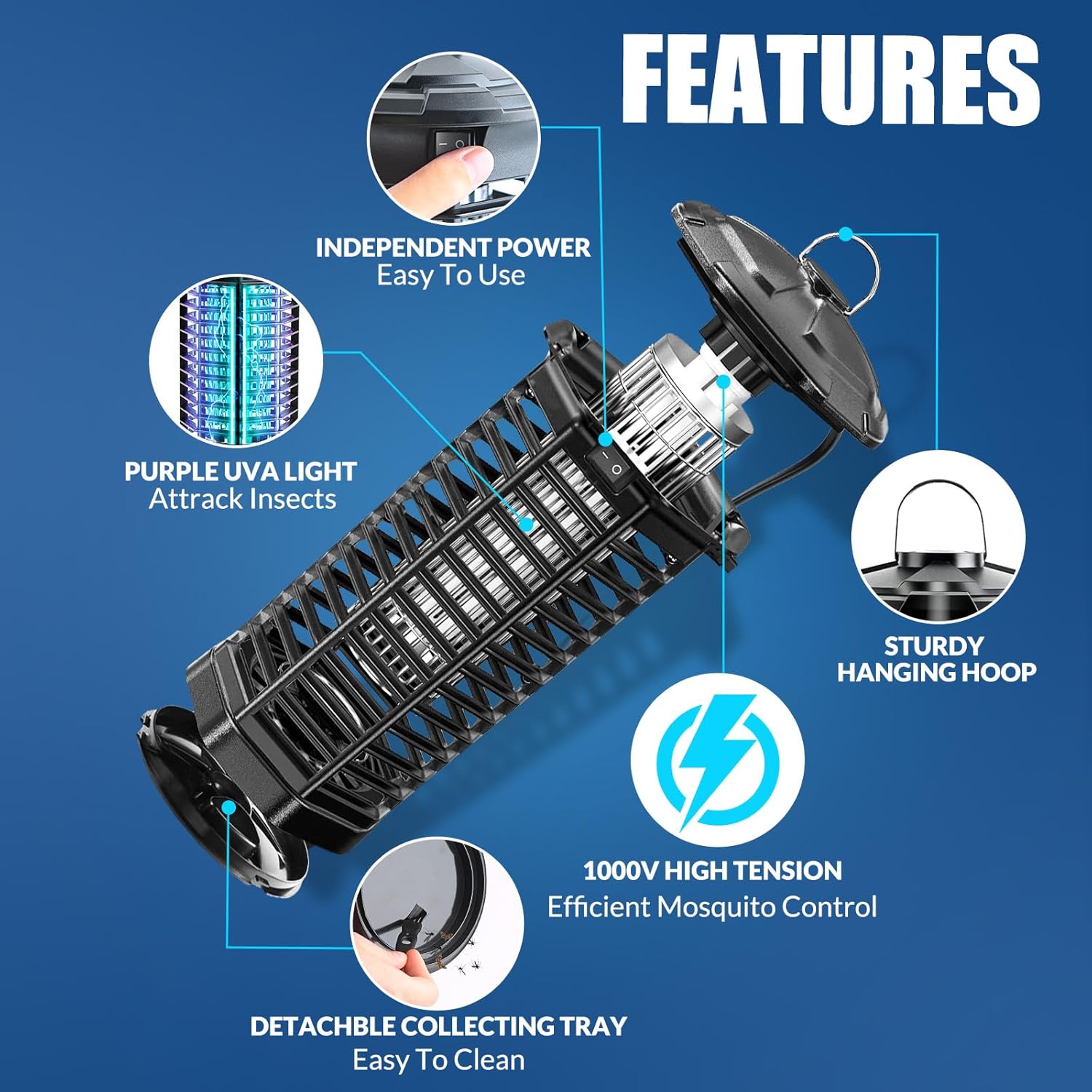 Electric Bug Zapper Indoor＆Outdoor, 1000V High-Efficiency Mosquito Killer with Replaceable Purple UVA Bulbs, Fly Zapper Killer Detachable Collecting Tray for Home Patio Backyard