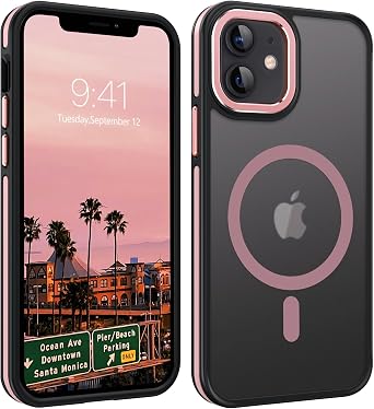 YINLAI Case for iPhone 12/12 Pro 6.1-Inch,iPhone 12 Case,iPhone 12 Pro Phone Case Magnetic Compatible with Magsafe Slim Translucent Matte Men Women Girls Shockproof Protective Back Cover,Black/Pink